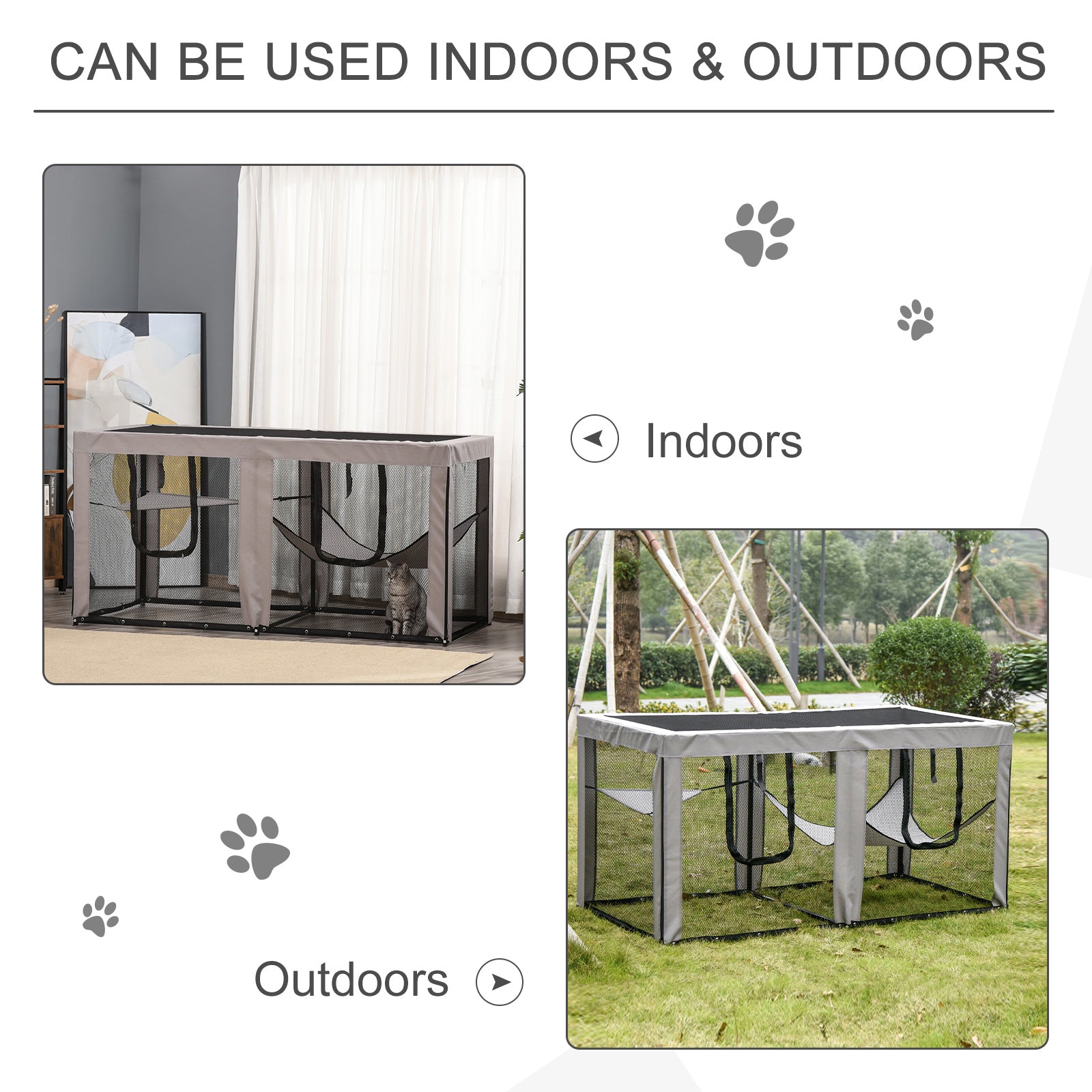 PawHut Large Mesh Cat House Kitty Indoor/Outdoor Playpen, Pet Cage with 2 Zipper Doors Soft Hammock Pet Bed, Black & Grey