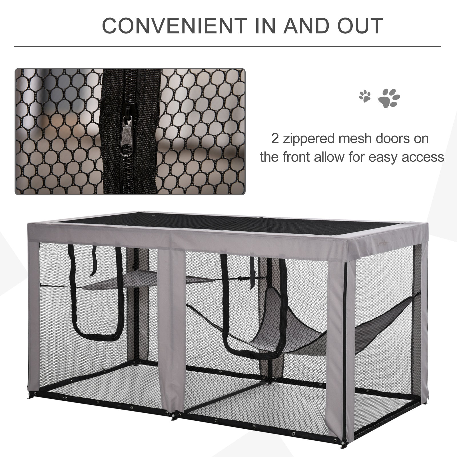 PawHut Large Mesh Cat House Kitty Indoor/Outdoor Playpen, Pet Cage with 2 Zipper Doors Soft Hammock Pet Bed, Black & Grey