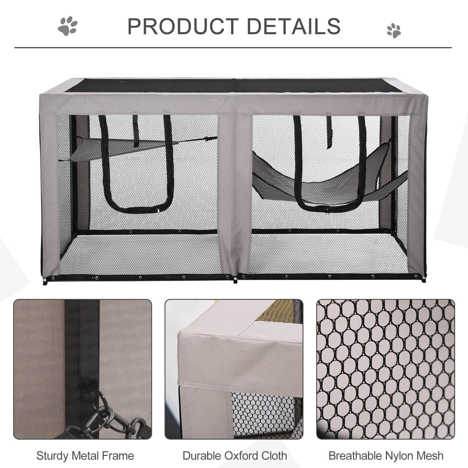 PawHut Large Mesh Cat House Kitty Indoor/Outdoor Playpen, Pet Cage with 2 Zipper Doors Soft Hammock Pet Bed, Black & Grey
