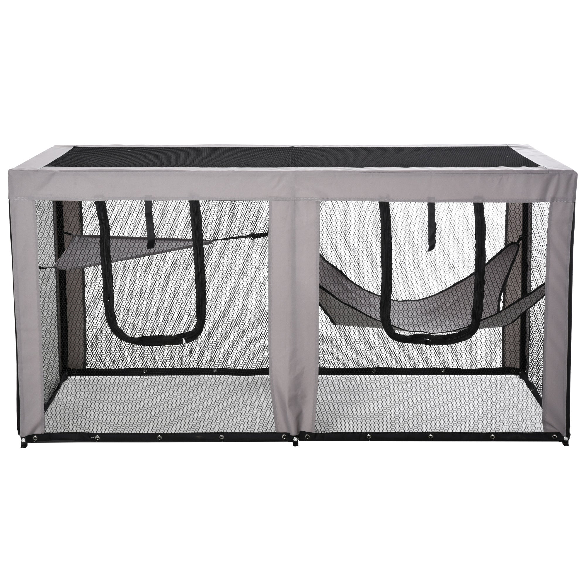 PawHut Large Mesh Cat House Kitty Indoor/Outdoor Playpen, Pet Cage with 2 Zipper Doors Soft Hammock Pet Bed, Black & Grey