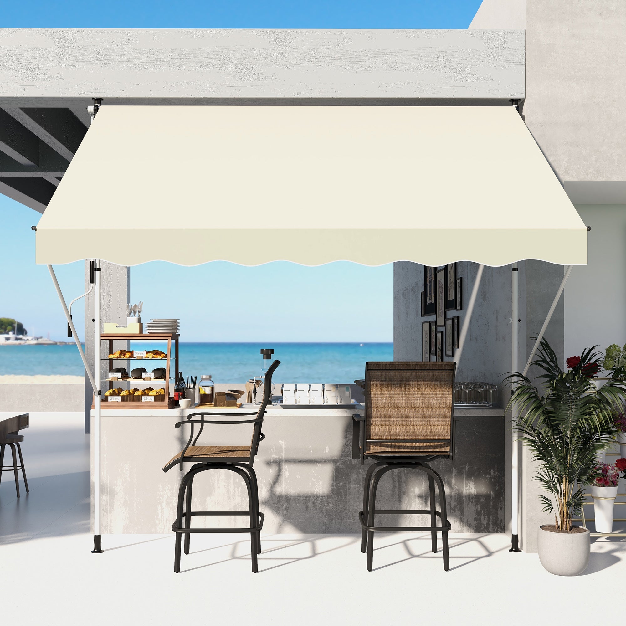 Outsunny 10x5ft Manual Retractable Awning, Patio Sun Shade Canopy Shelter with 5.6-9.2ft Support Pole, Water Resistant UV Protector, for Window, Door, Porch, Deck, Beige