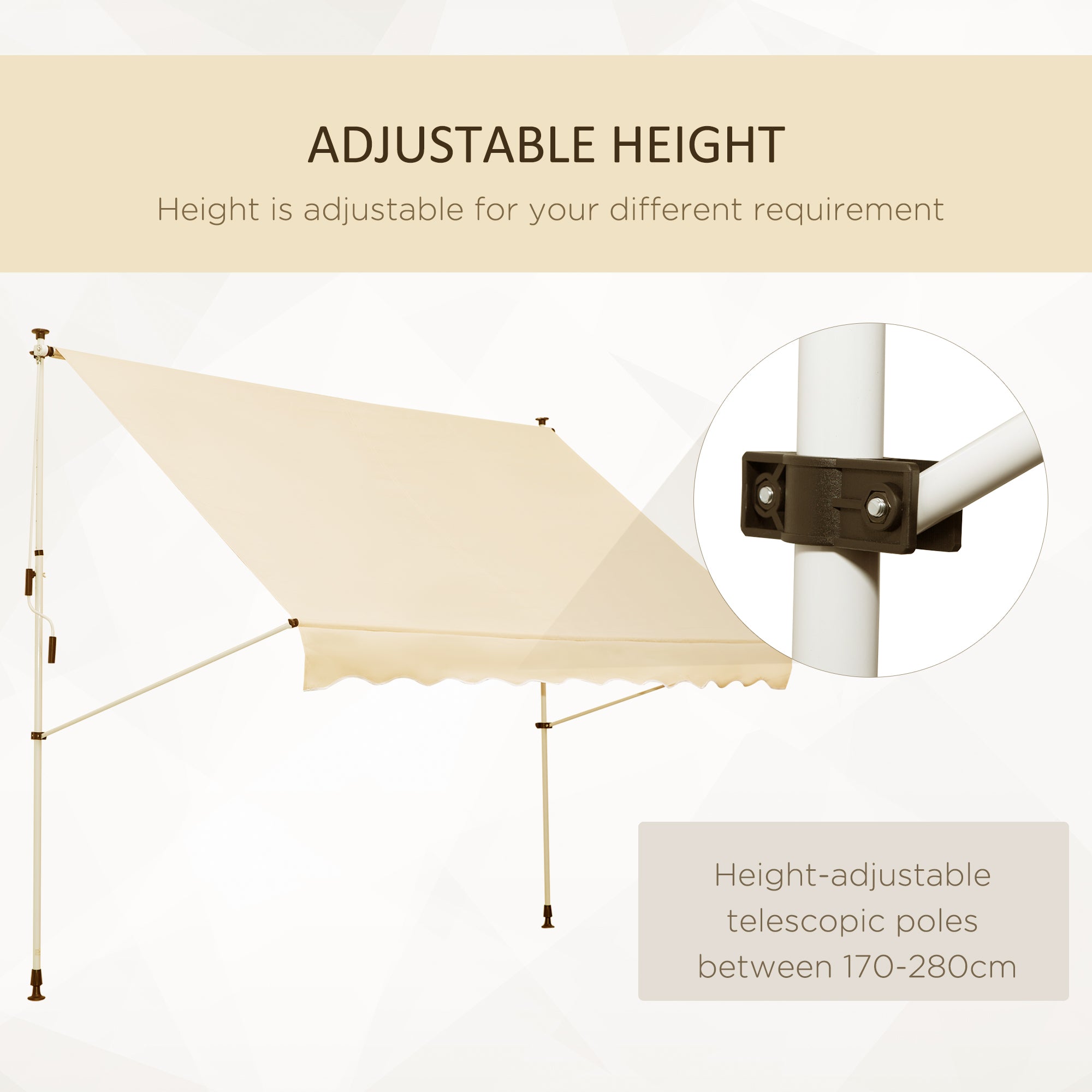 Outsunny 10x5ft Manual Retractable Awning, Patio Sun Shade Canopy Shelter with 5.6-9.2ft Support Pole, Water Resistant UV Protector, for Window, Door, Porch, Deck, Beige