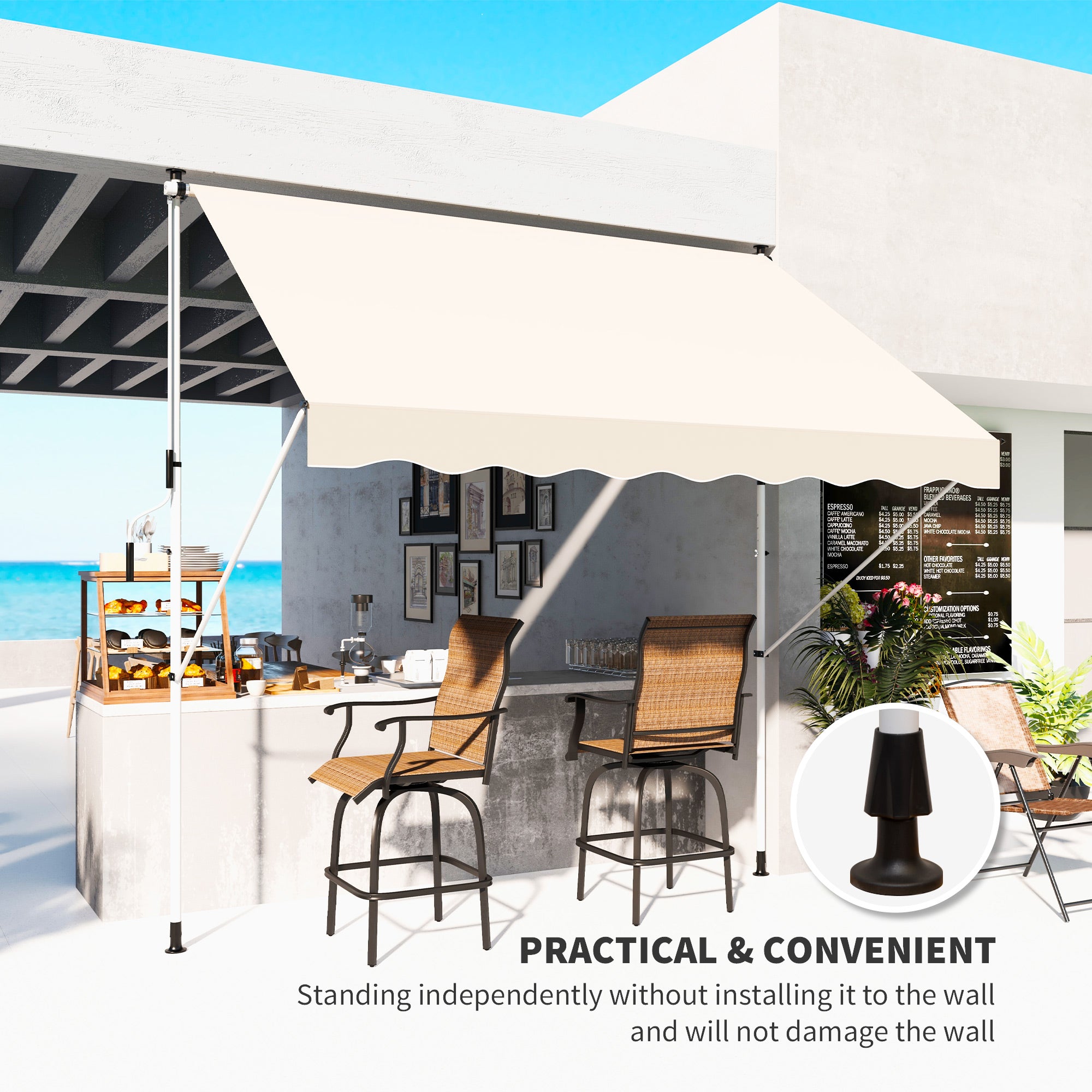 Outsunny 10x5ft Manual Retractable Awning, Patio Sun Shade Canopy Shelter with 5.6-9.2ft Support Pole, Water Resistant UV Protector, for Window, Door, Porch, Deck, Beige