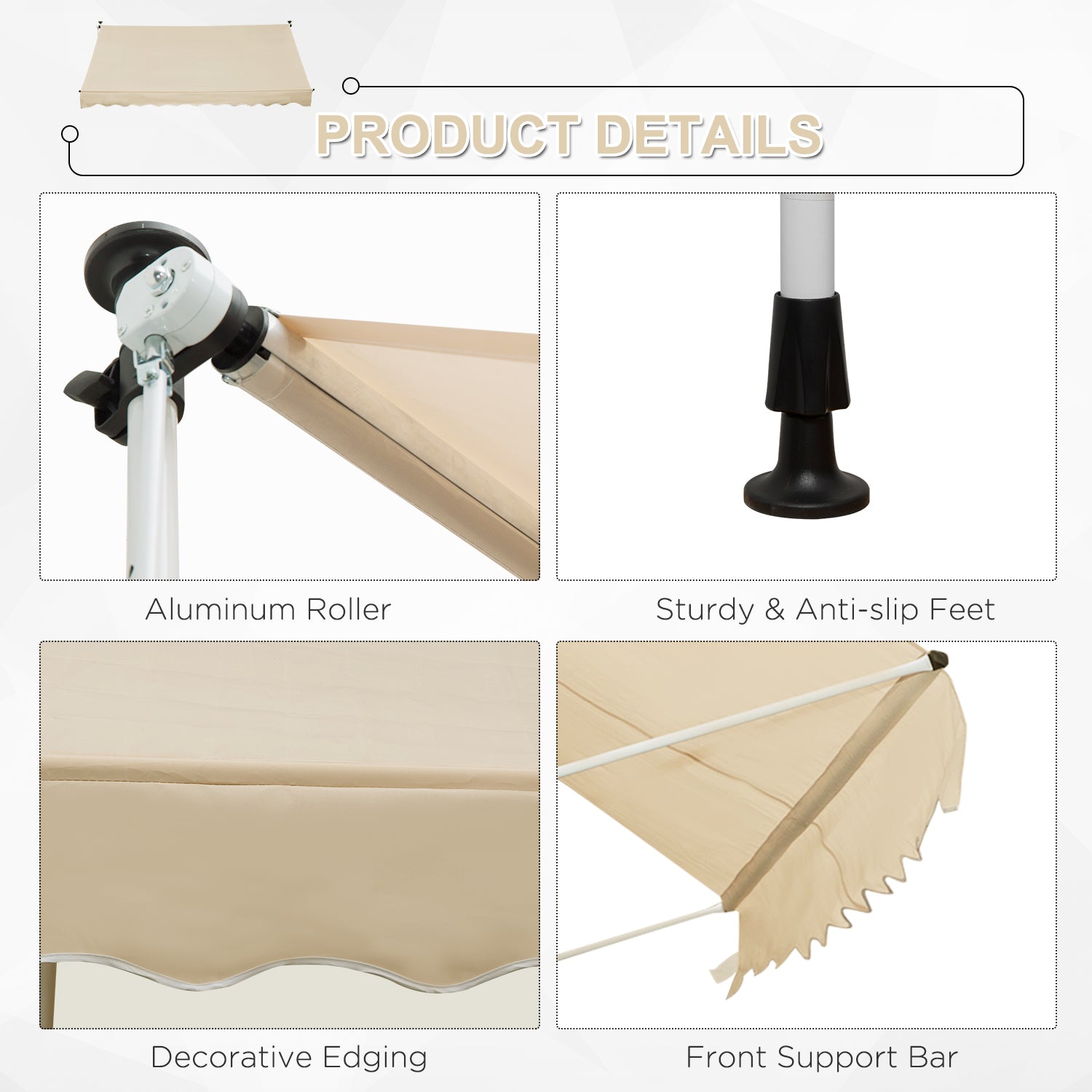 Outsunny 10x5ft Manual Retractable Awning, Patio Sun Shade Canopy Shelter with 5.6-9.2ft Support Pole, Water Resistant UV Protector, for Window, Door, Porch, Deck, Beige