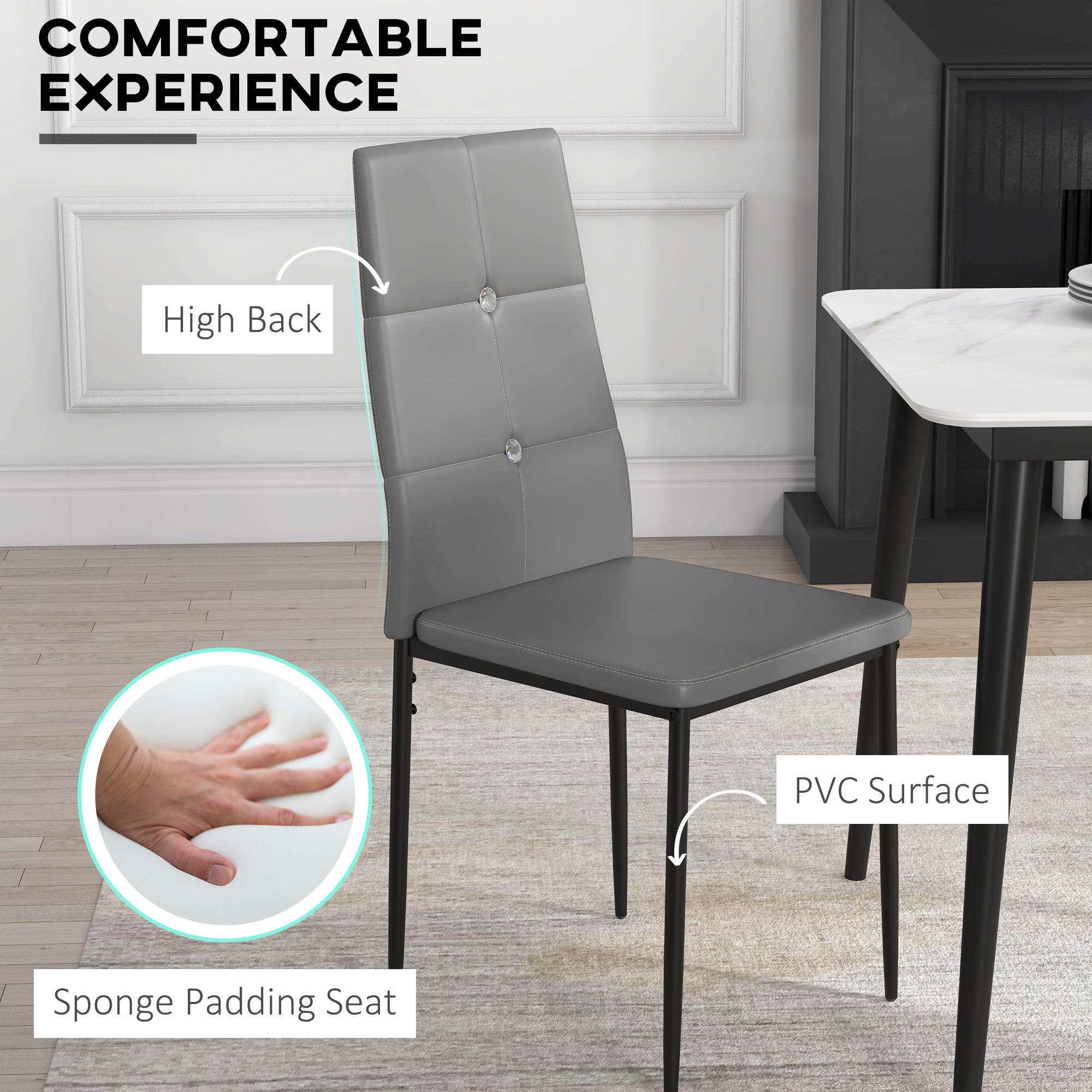 HOMCOM Modern Dining Chairs Set of 4, Upholstered Faux Leather Kitchen Chairs with Crystal Tufting and Metal Legs for Living Room, Dining Room, Bedroom, Grey