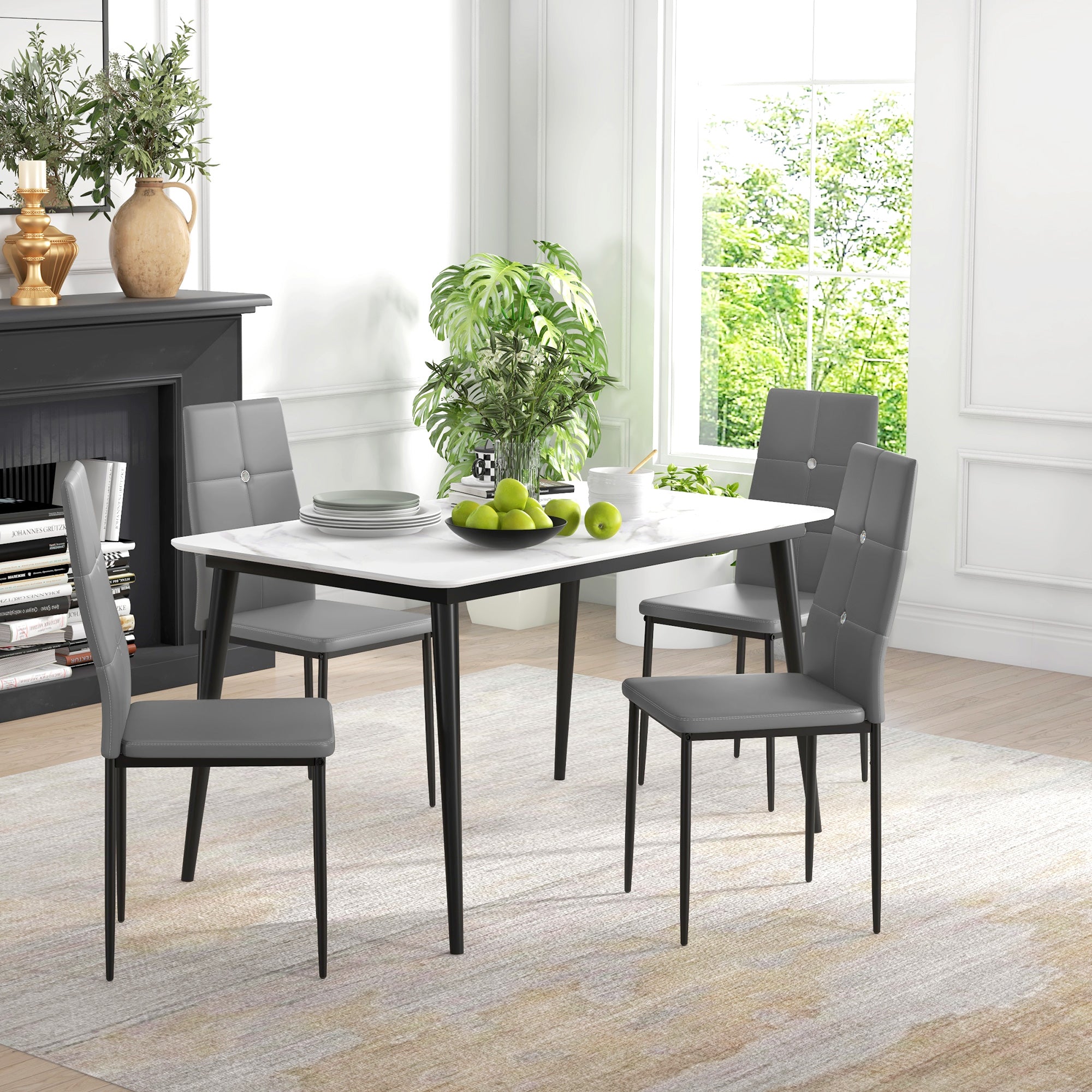 HOMCOM Modern Dining Chairs Set of 4, Upholstered Faux Leather Kitchen Chairs with Crystal Tufting and Metal Legs for Living Room, Dining Room, Bedroom, Grey