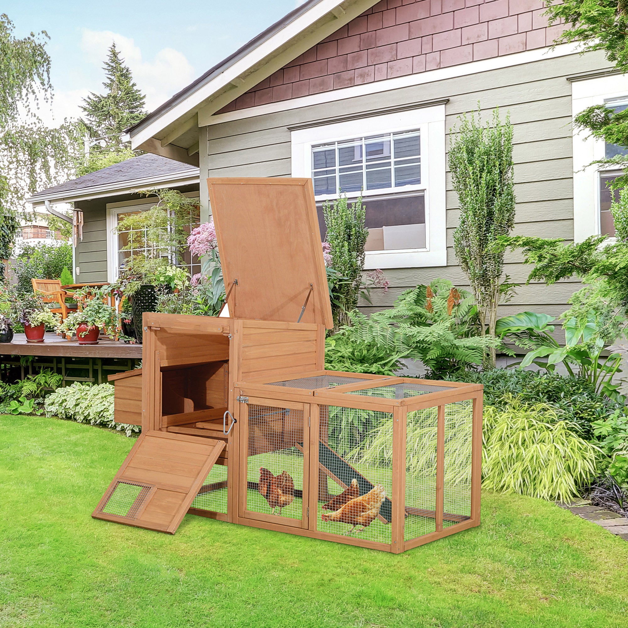 PawHut 2-tier Chicken Coop Wooden Hen House Rabbit Hutch Poultry Cage Pen Outdoor Backyard with Run Ladder
