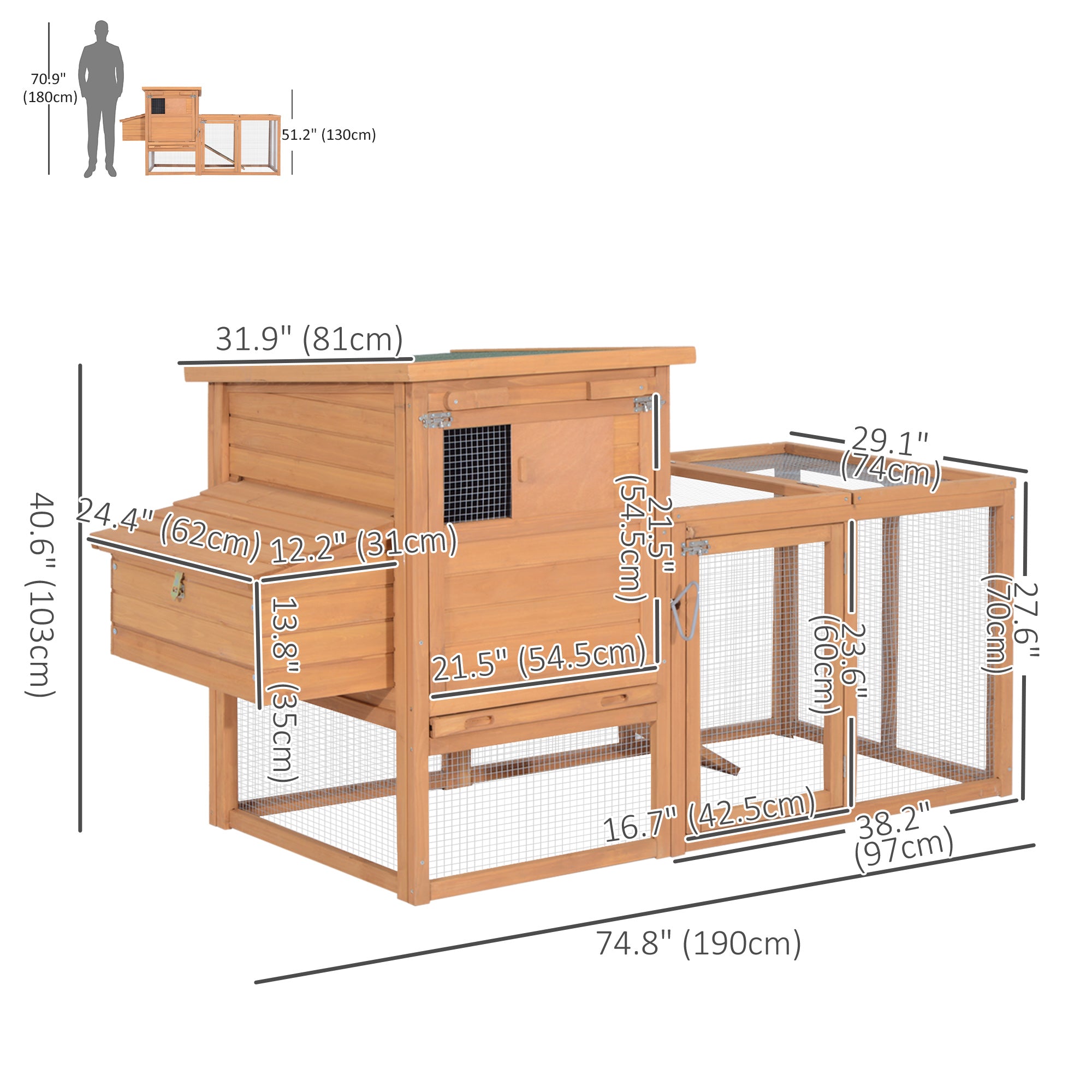 PawHut 2-tier Chicken Coop Wooden Hen House Rabbit Hutch Poultry Cage Pen Outdoor Backyard with Run Ladder