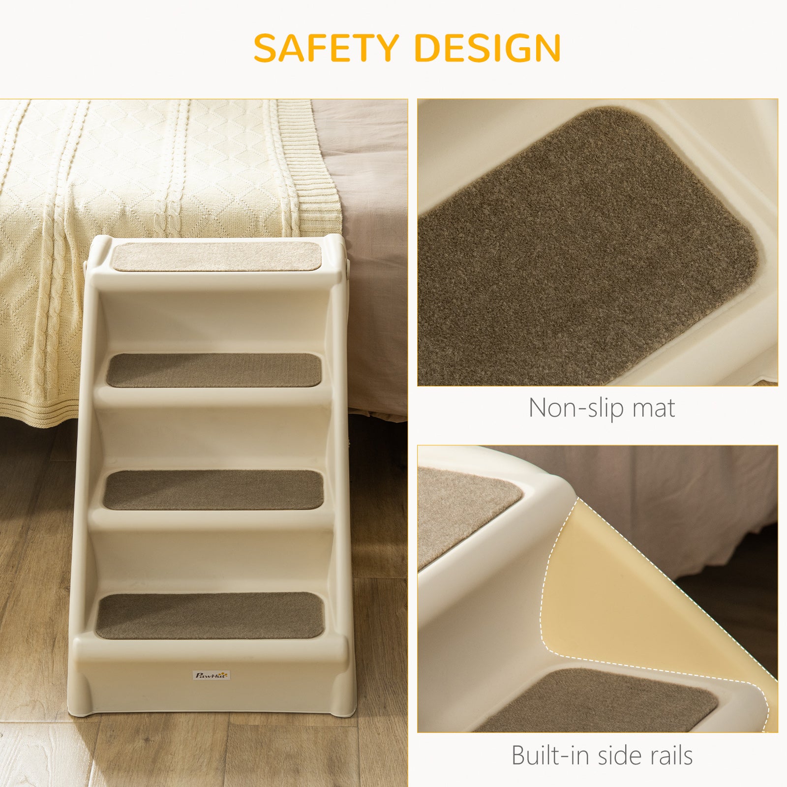 PawHut 4-Level Portable Dog Stairs, Foldable Dog Steps for Small Dogs, Lightweight Cat Steps, with Nonslip Soft Mats, for High Bed, Sofa, Beige