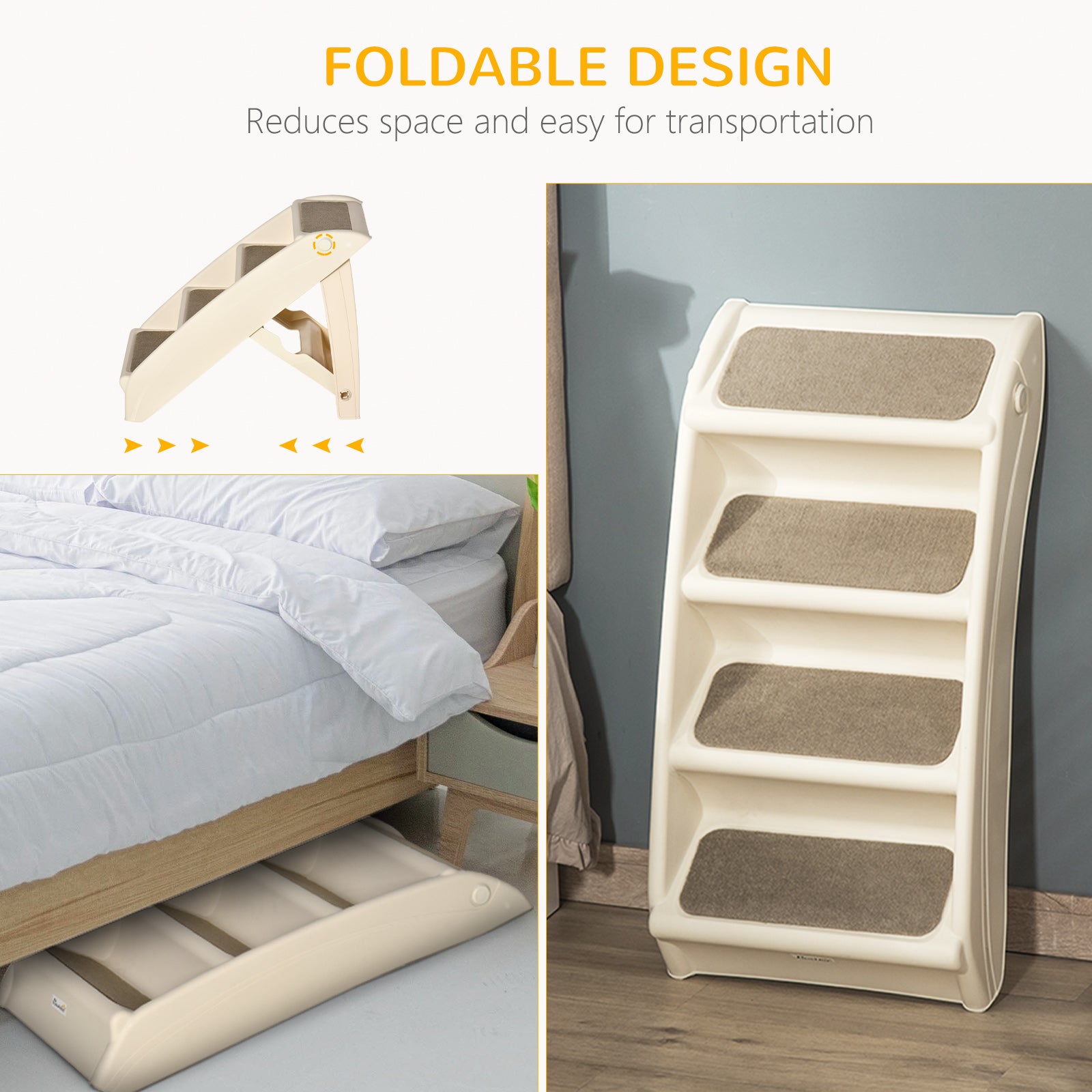 PawHut 4-Level Portable Dog Stairs, Foldable Dog Steps for Small Dogs, Lightweight Cat Steps, with Nonslip Soft Mats, for High Bed, Sofa, Beige