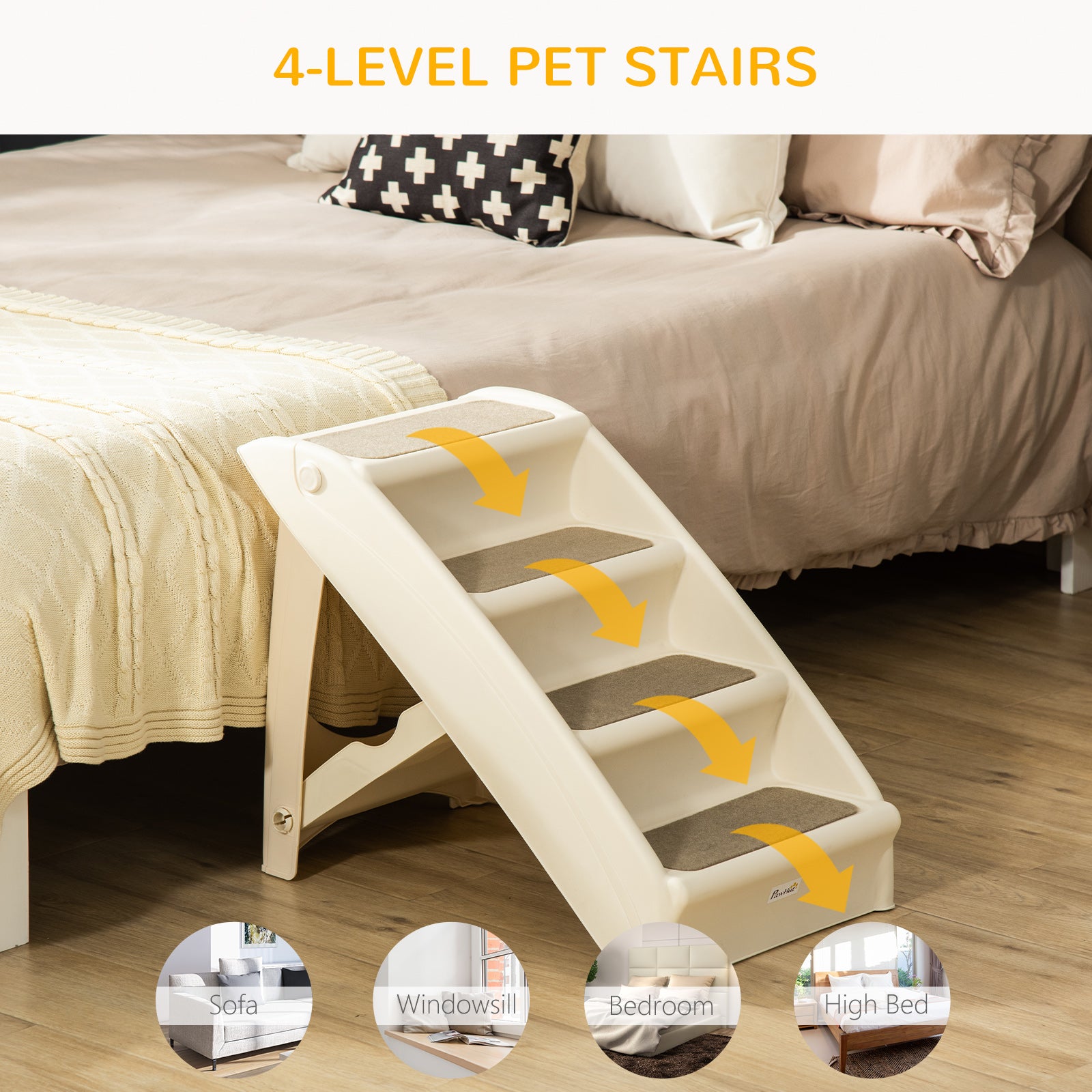 PawHut 4-Level Portable Dog Stairs, Foldable Dog Steps for Small Dogs, Lightweight Cat Steps, with Nonslip Soft Mats, for High Bed, Sofa, Beige