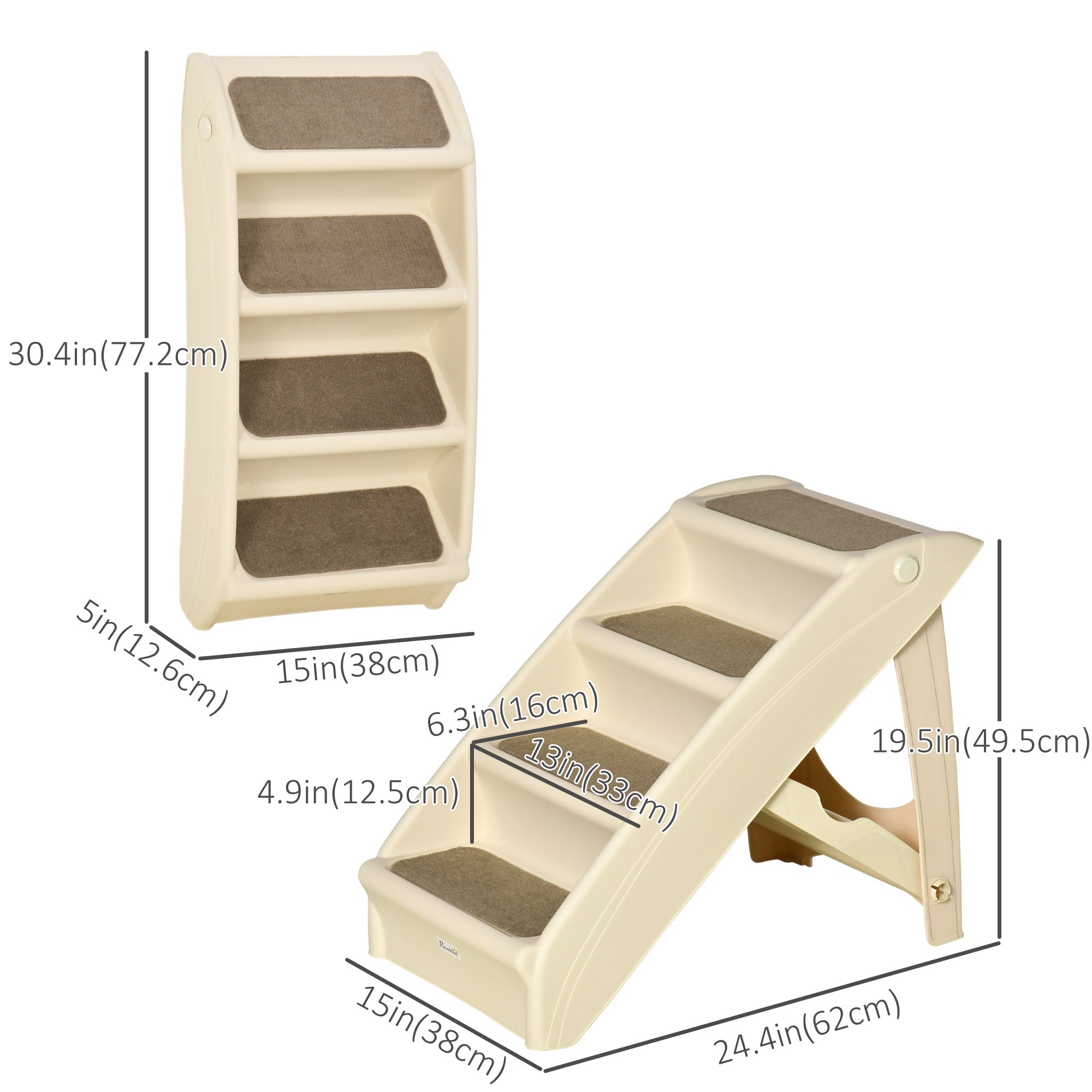 PawHut 4-Level Portable Dog Stairs, Foldable Dog Steps for Small Dogs, Lightweight Cat Steps, with Nonslip Soft Mats, for High Bed, Sofa, Beige