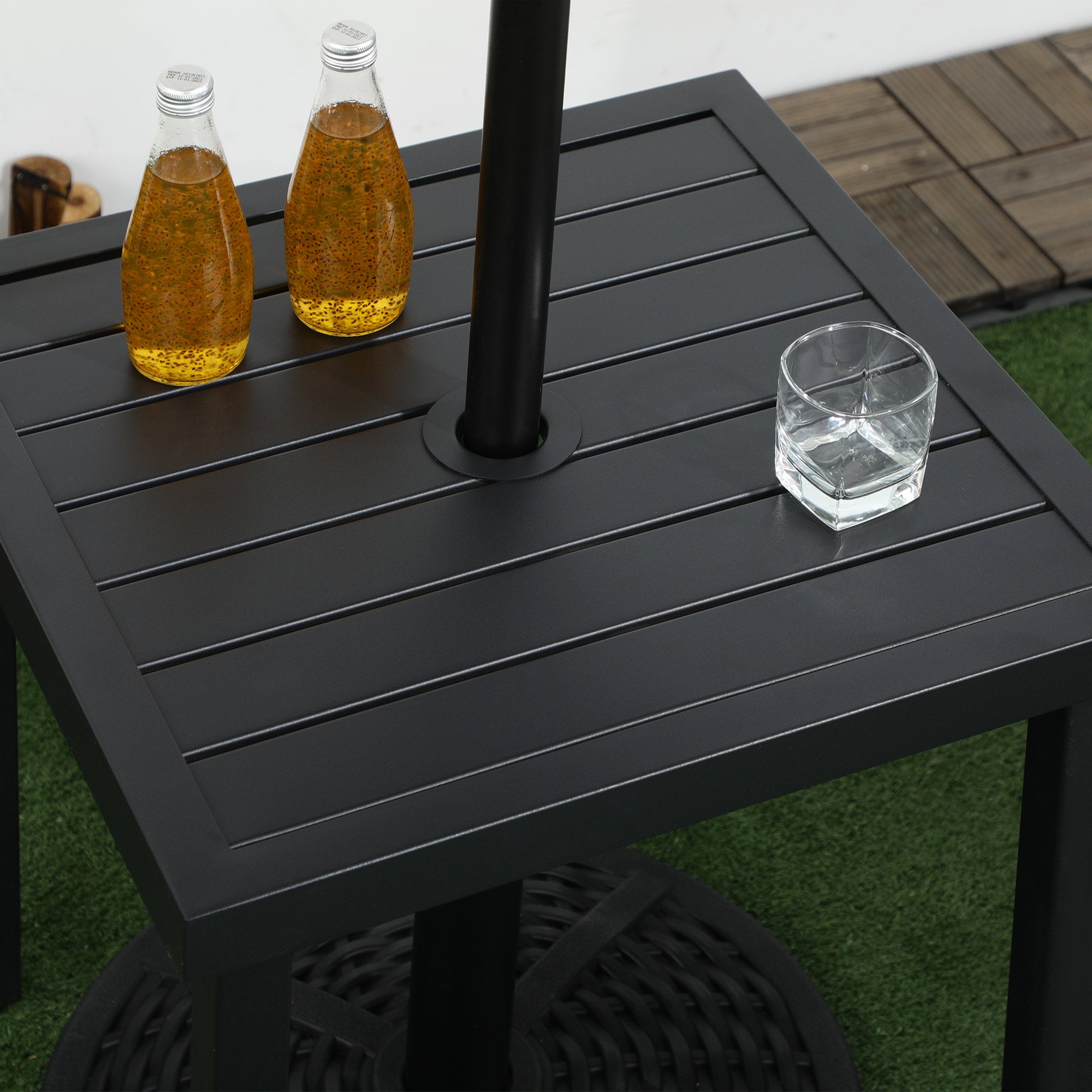 Outsunny Outdoor Side Table, Patio End Table with Umbrella Hole, Small Coffee Table with Steel Frame for Balcony, Black