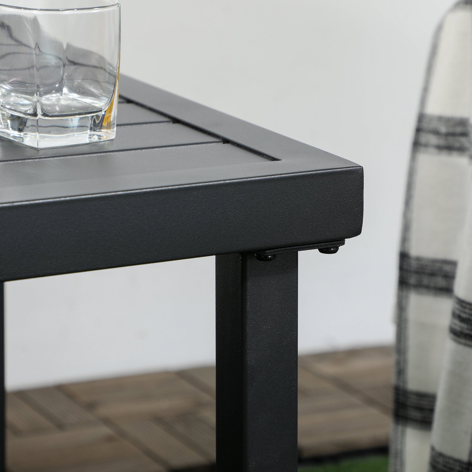 Outsunny Outdoor Side Table, Patio End Table with Umbrella Hole, Small Coffee Table with Steel Frame for Balcony, Black