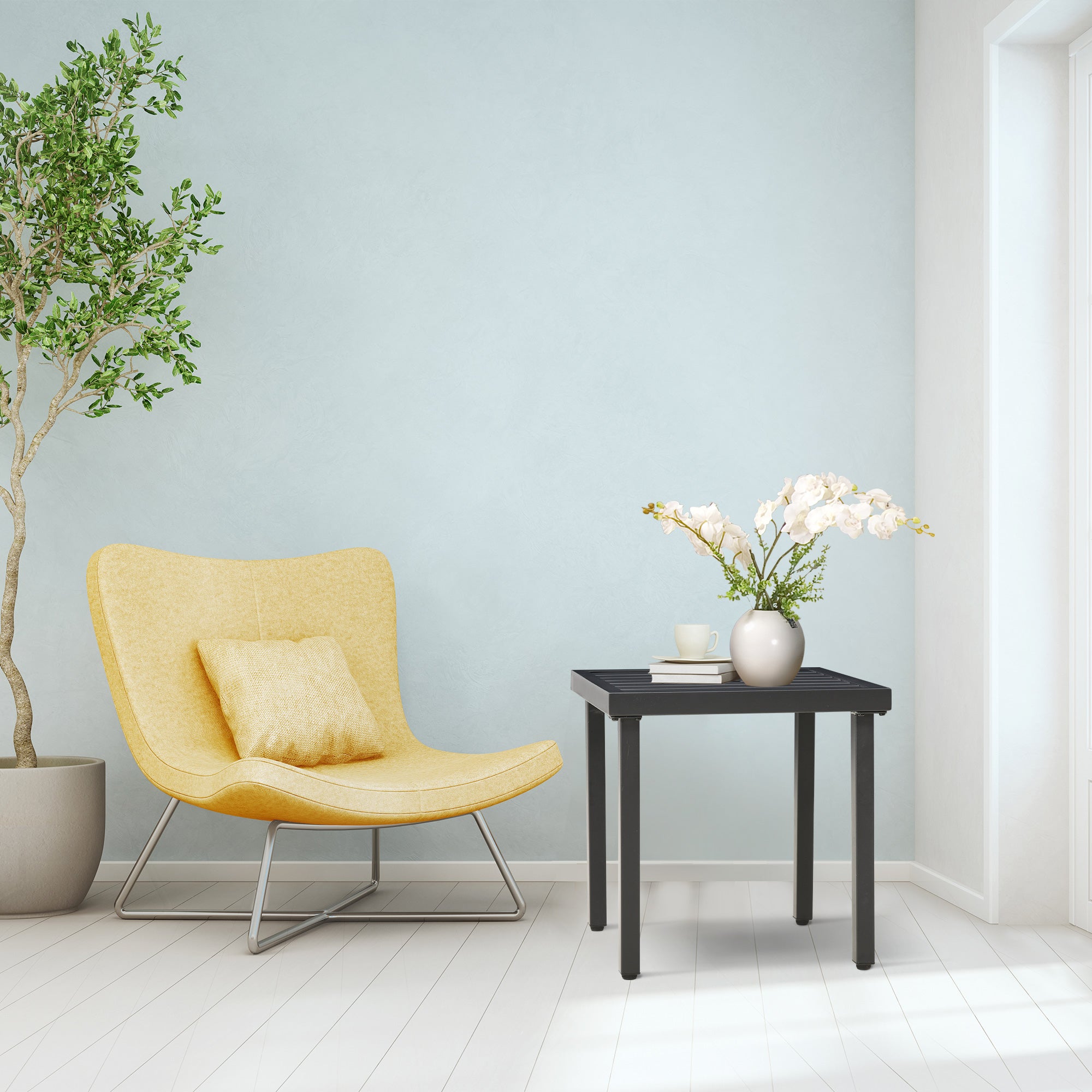 Outsunny Outdoor Side Table, Patio End Table with Umbrella Hole, Small Coffee Table with Steel Frame for Balcony, Black