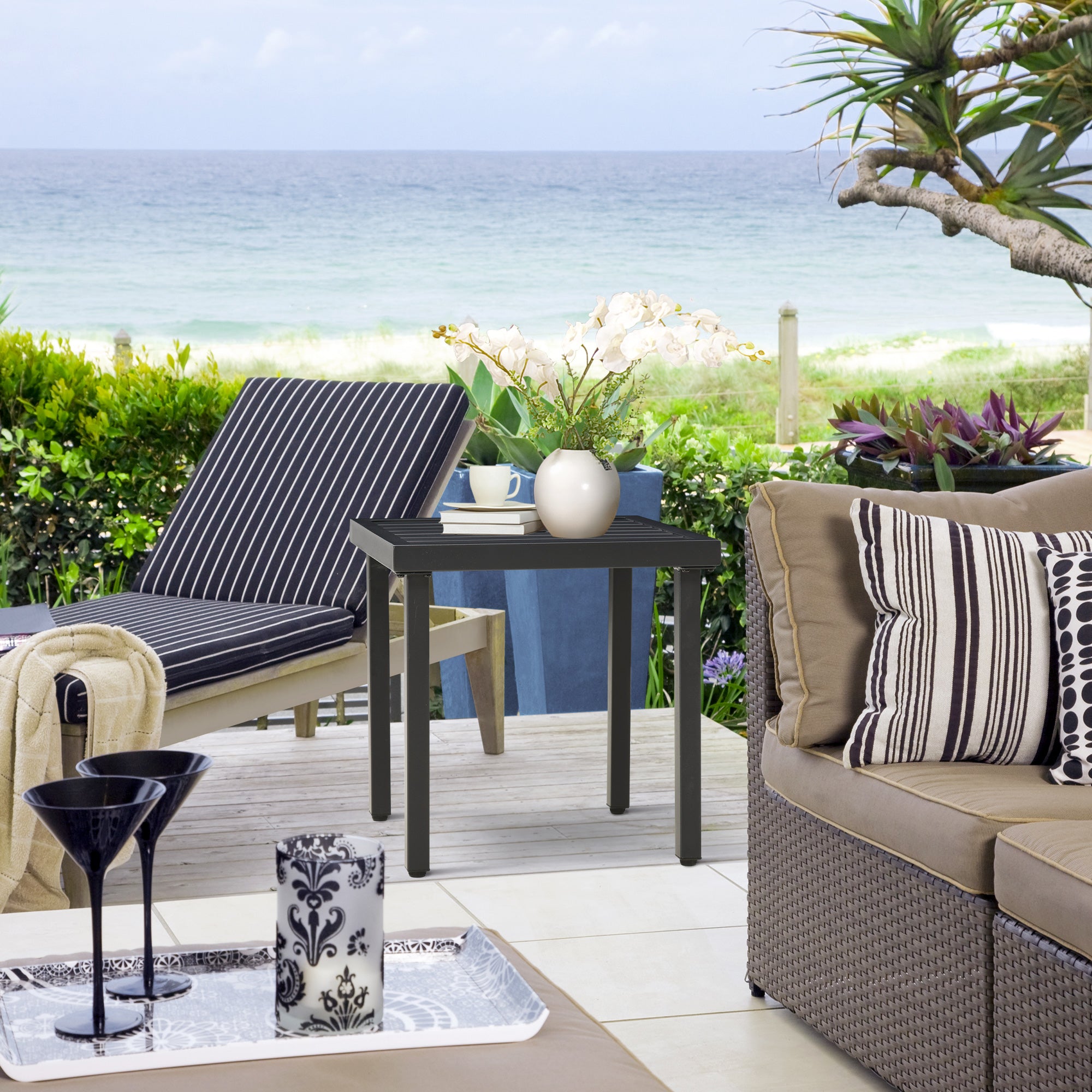 Outsunny Outdoor Side Table, Patio End Table with Umbrella Hole, Small Coffee Table with Steel Frame for Balcony, Black