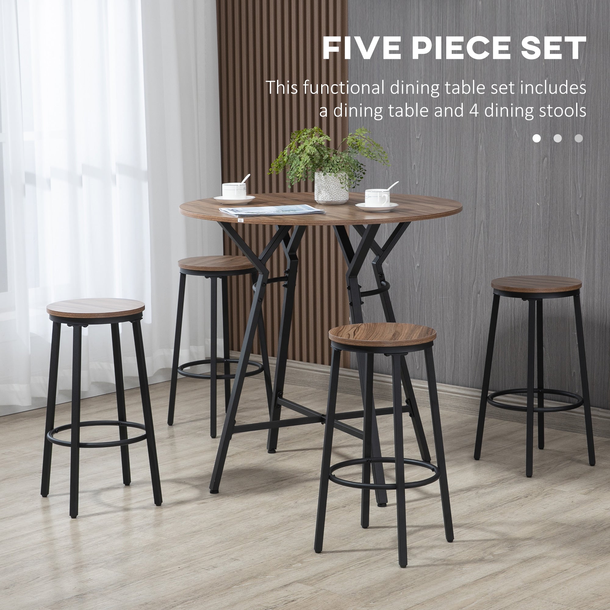 HOMCOM 5-Piece Bar Table and Chairs Set, Space Saving Dining Table with 4 Stools for Pub & Kitchen, Light Brown