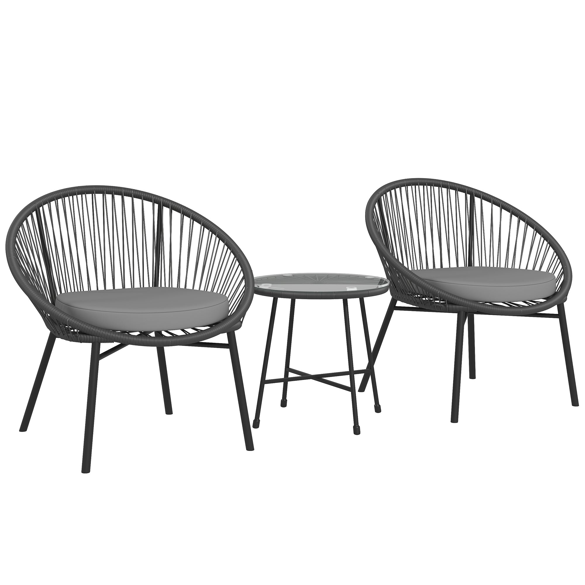 Outsunny 3 Piece Wicker Patio Furniture Set, Acapulco Chair Set with Soft Seat Cushions, Tempered Glass Tabletop, Rattan Bistro Set for Garden, Backyard, Black