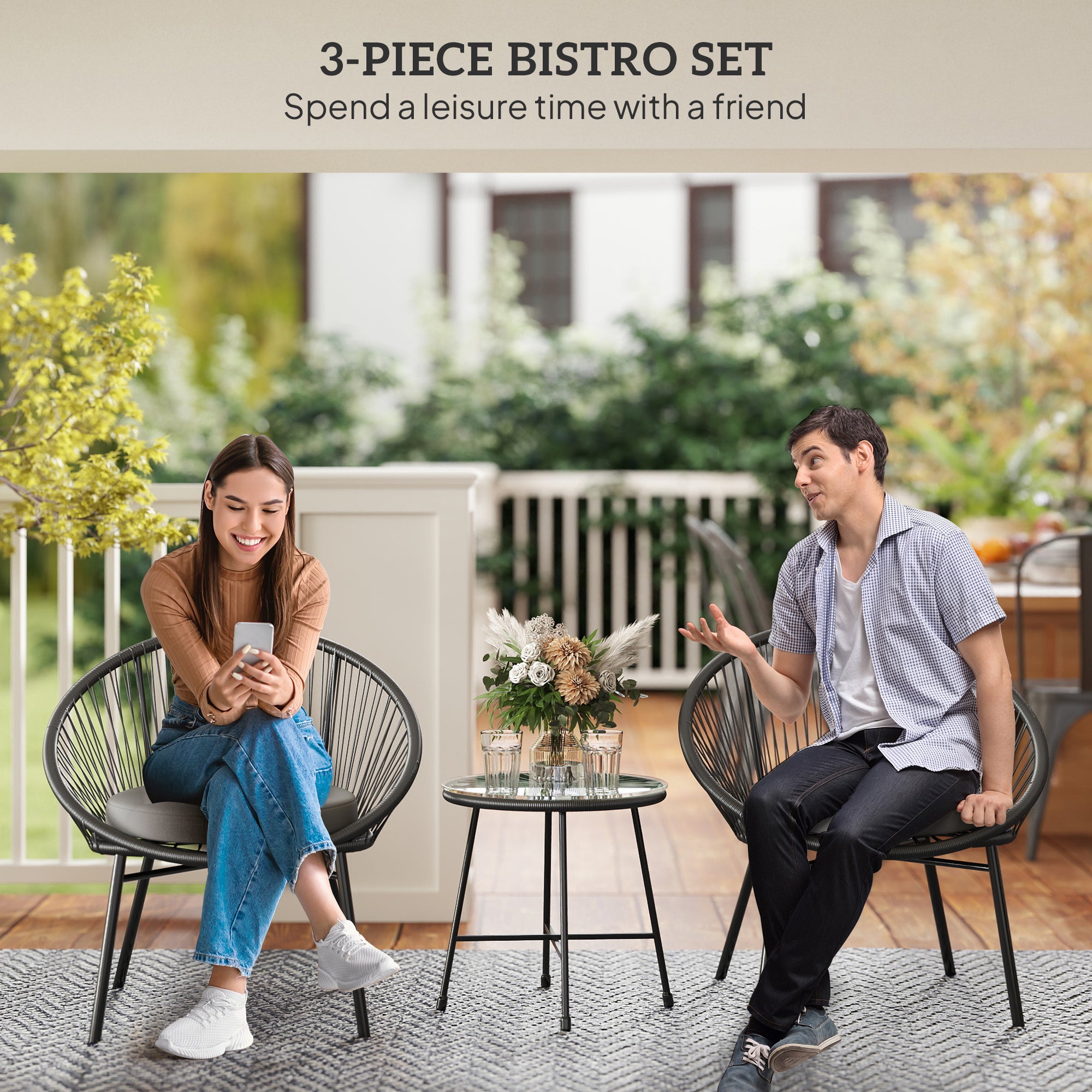 Outsunny 3 Piece Wicker Patio Furniture Set, Acapulco Chair Set with Soft Seat Cushions, Tempered Glass Tabletop, Rattan Bistro Set for Garden, Backyard, Black