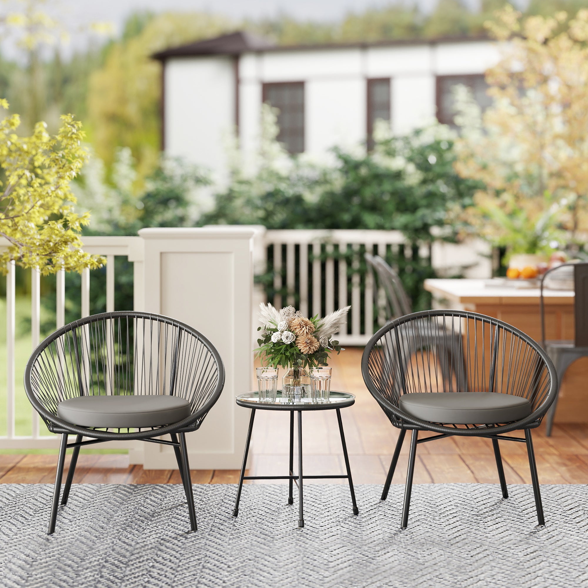 Outsunny 3 Piece Wicker Patio Furniture Set, Acapulco Chair Set with Soft Seat Cushions, Tempered Glass Tabletop, Rattan Bistro Set for Garden, Backyard, Black