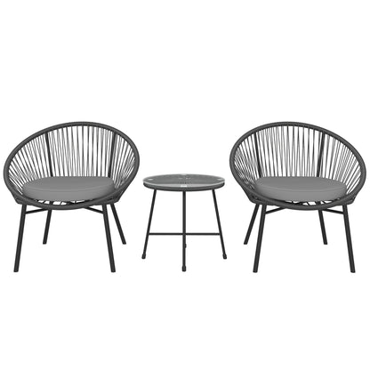 Outsunny 3 Piece Wicker Patio Furniture Set, Acapulco Chair Set with Soft Seat Cushions, Tempered Glass Tabletop, Rattan Bistro Set for Garden, Backyard, Black