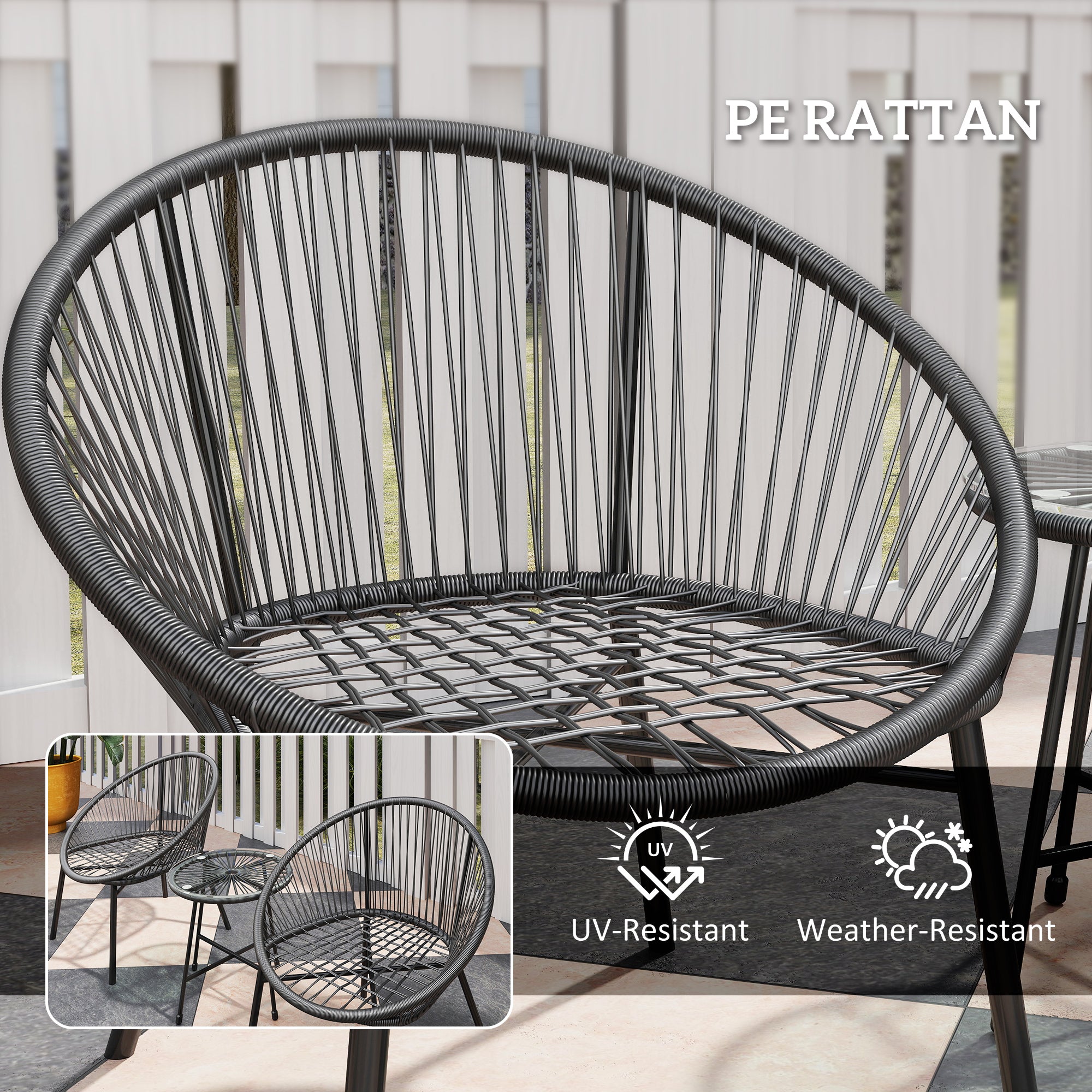 Outsunny 3 Piece Wicker Patio Furniture Set, Acapulco Chair Set with Soft Seat Cushions, Tempered Glass Tabletop, Rattan Bistro Set for Garden, Backyard, Black