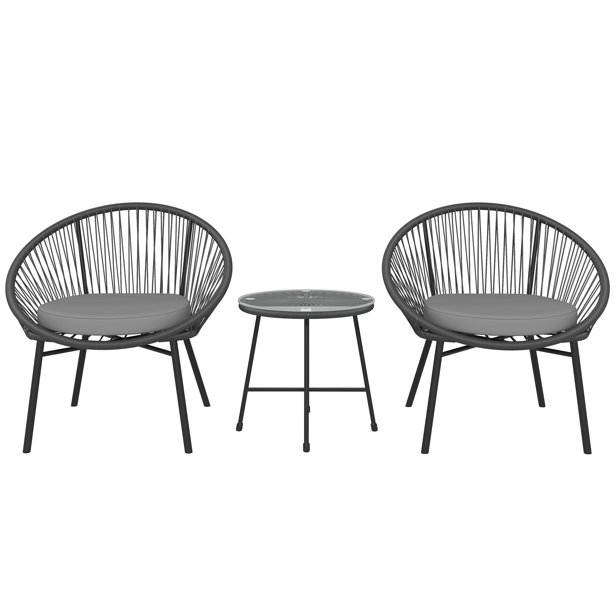 Outsunny 3 Piece Wicker Patio Furniture Set, Acapulco Chair Set with Soft Seat Cushions, Tempered Glass Tabletop, Rattan Bistro Set for Garden, Backyard, Black