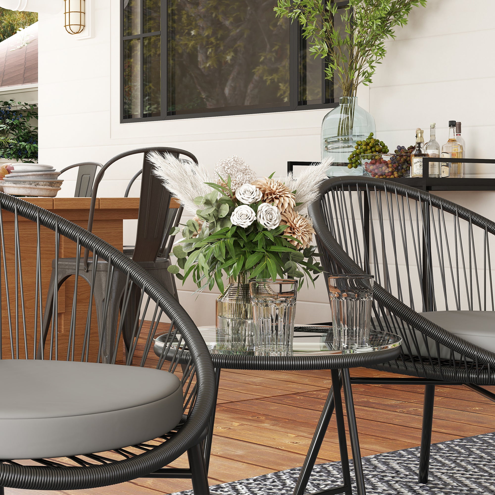 Outsunny 3 Piece Wicker Patio Furniture Set, Acapulco Chair Set with Soft Seat Cushions, Tempered Glass Tabletop, Rattan Bistro Set for Garden, Backyard, Black