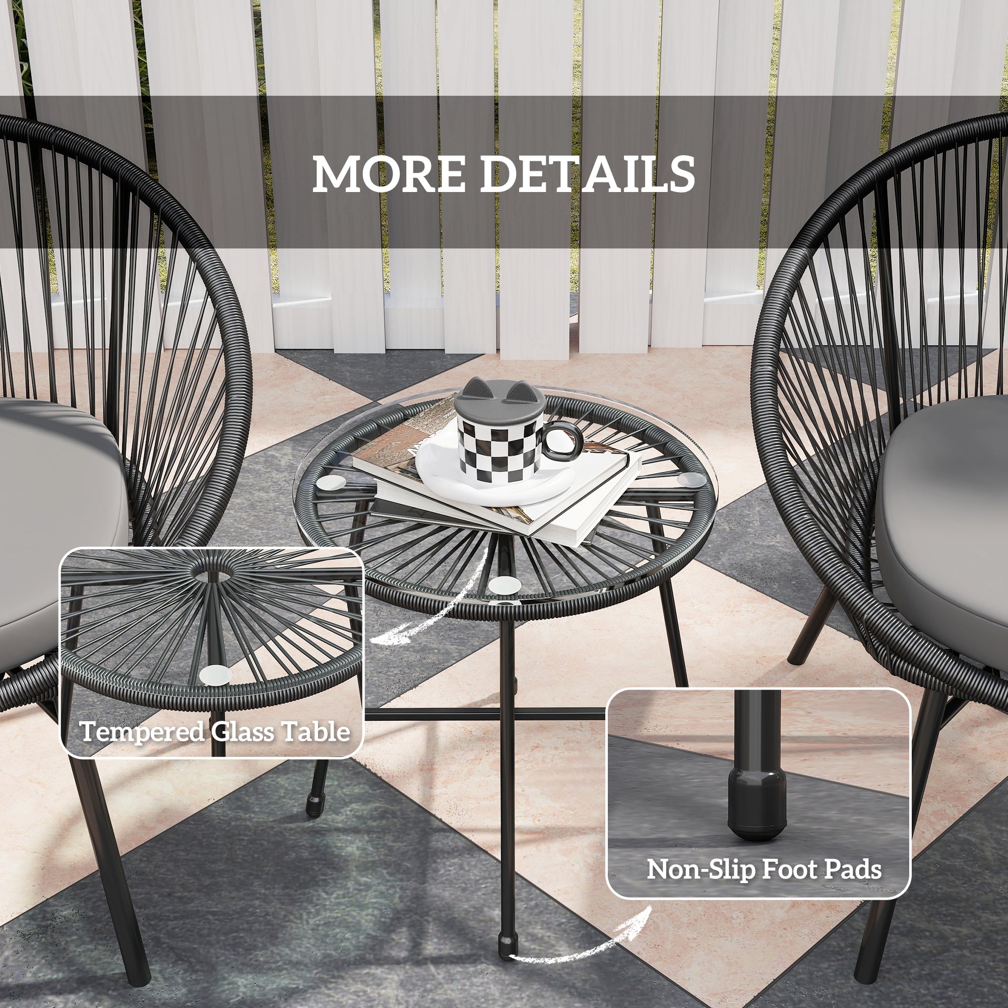 Outsunny 3 Piece Wicker Patio Furniture Set, Acapulco Chair Set with Soft Seat Cushions, Tempered Glass Tabletop, Rattan Bistro Set for Garden, Backyard, Black