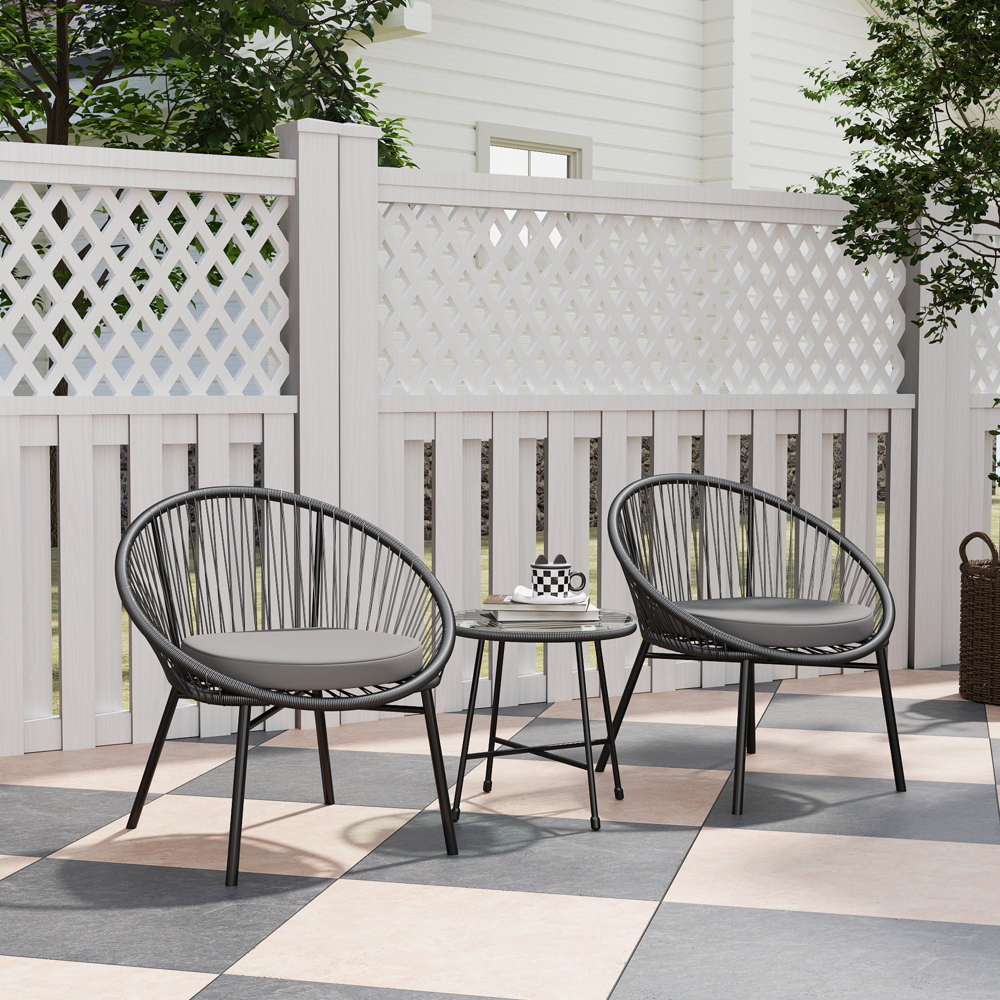 Outsunny 3 Piece Wicker Patio Furniture Set, Acapulco Chair Set with Soft Seat Cushions, Tempered Glass Tabletop, Rattan Bistro Set for Garden, Backyard, Black