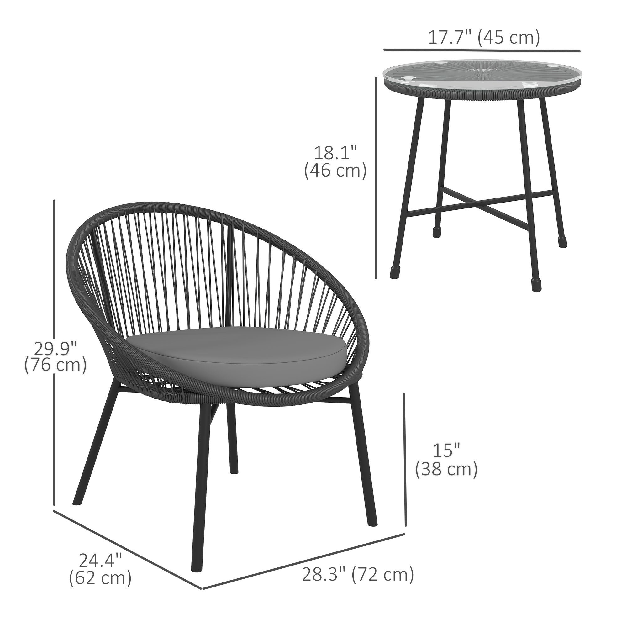 Outsunny 3 Piece Wicker Patio Furniture Set, Acapulco Chair Set with Soft Seat Cushions, Tempered Glass Tabletop, Rattan Bistro Set for Garden, Backyard, Black