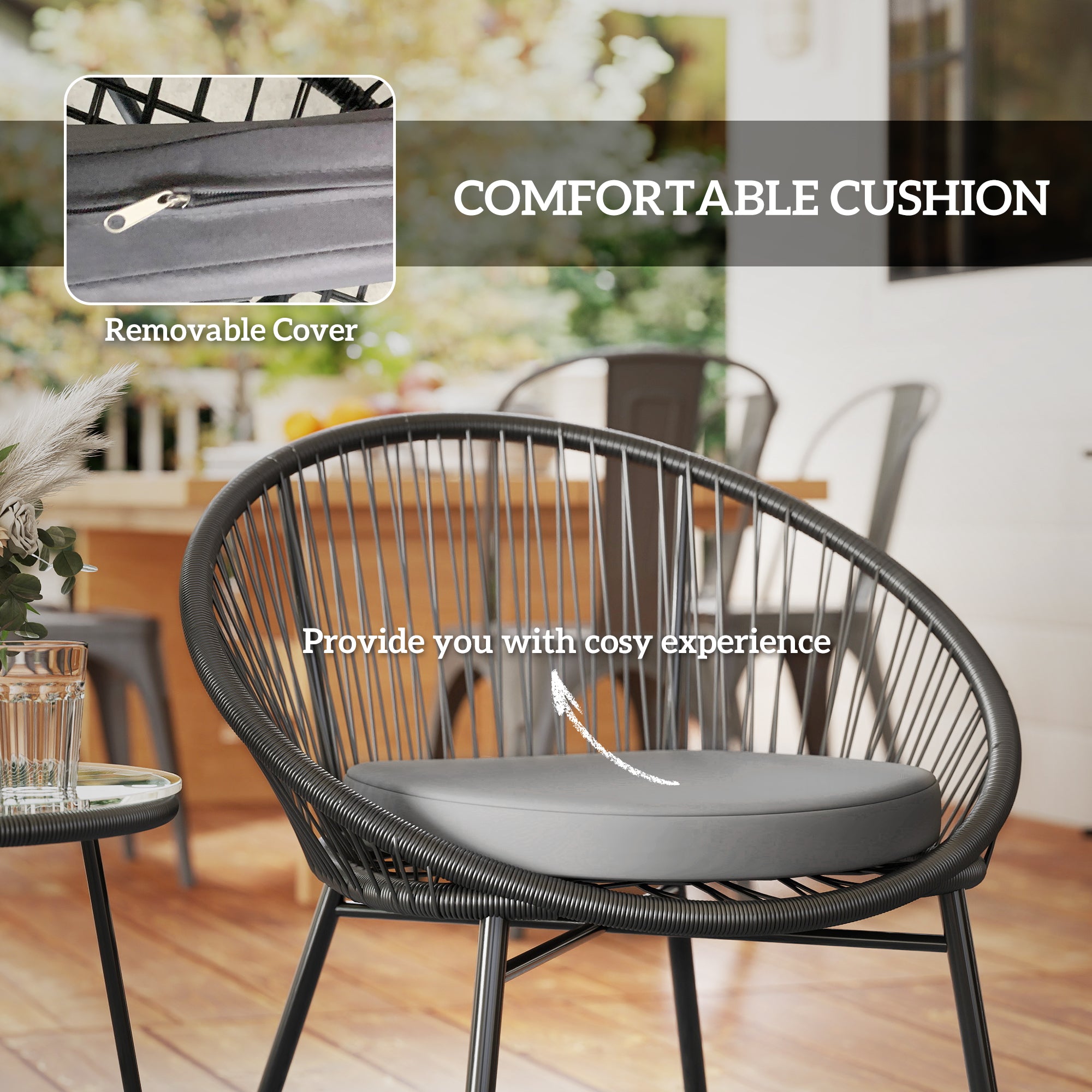 Outsunny 3 Piece Wicker Patio Furniture Set, Acapulco Chair Set with Soft Seat Cushions, Tempered Glass Tabletop, Rattan Bistro Set for Garden, Backyard, Black