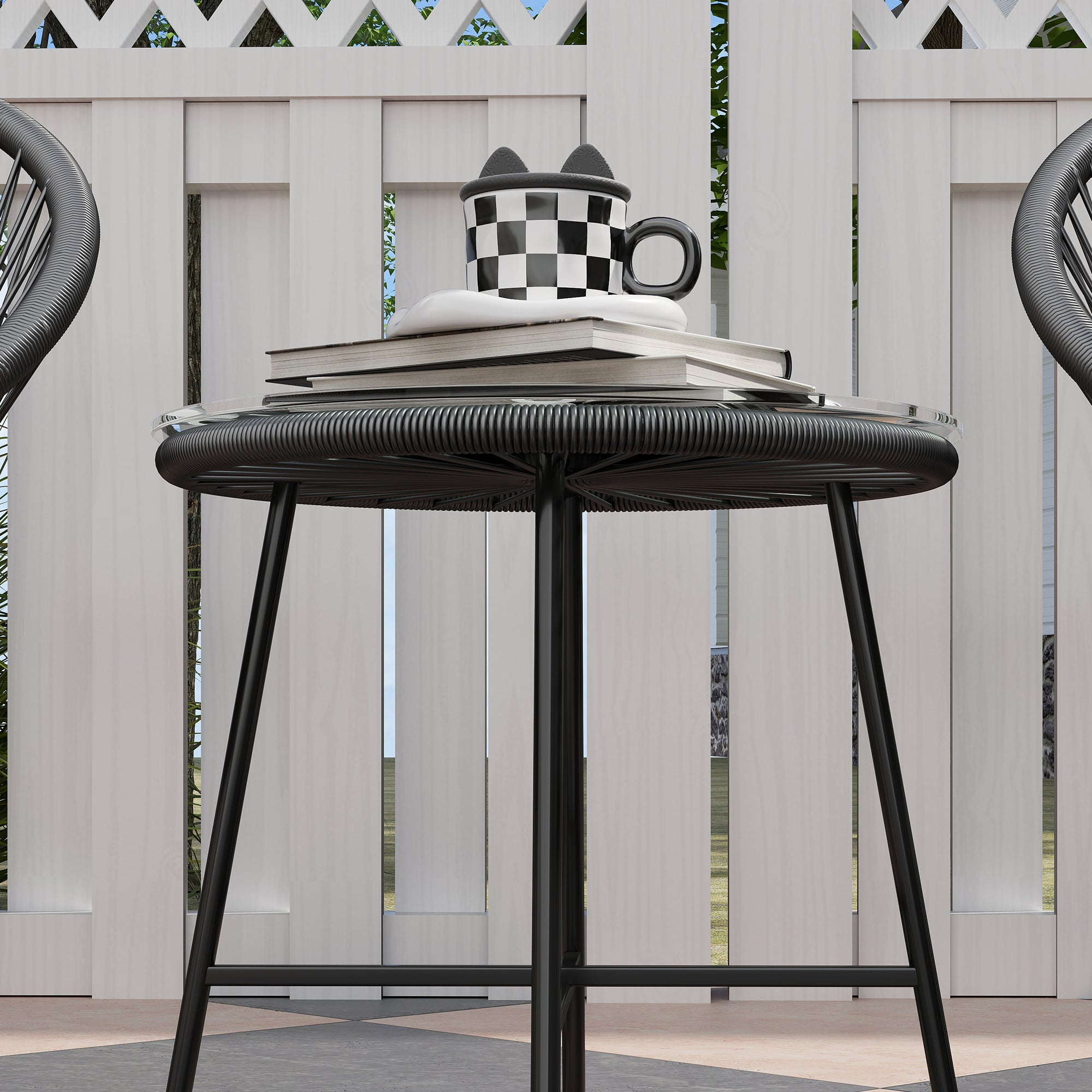 Outsunny 3 Piece Wicker Patio Furniture Set, Acapulco Chair Set with Soft Seat Cushions, Tempered Glass Tabletop, Rattan Bistro Set for Garden, Backyard, Black