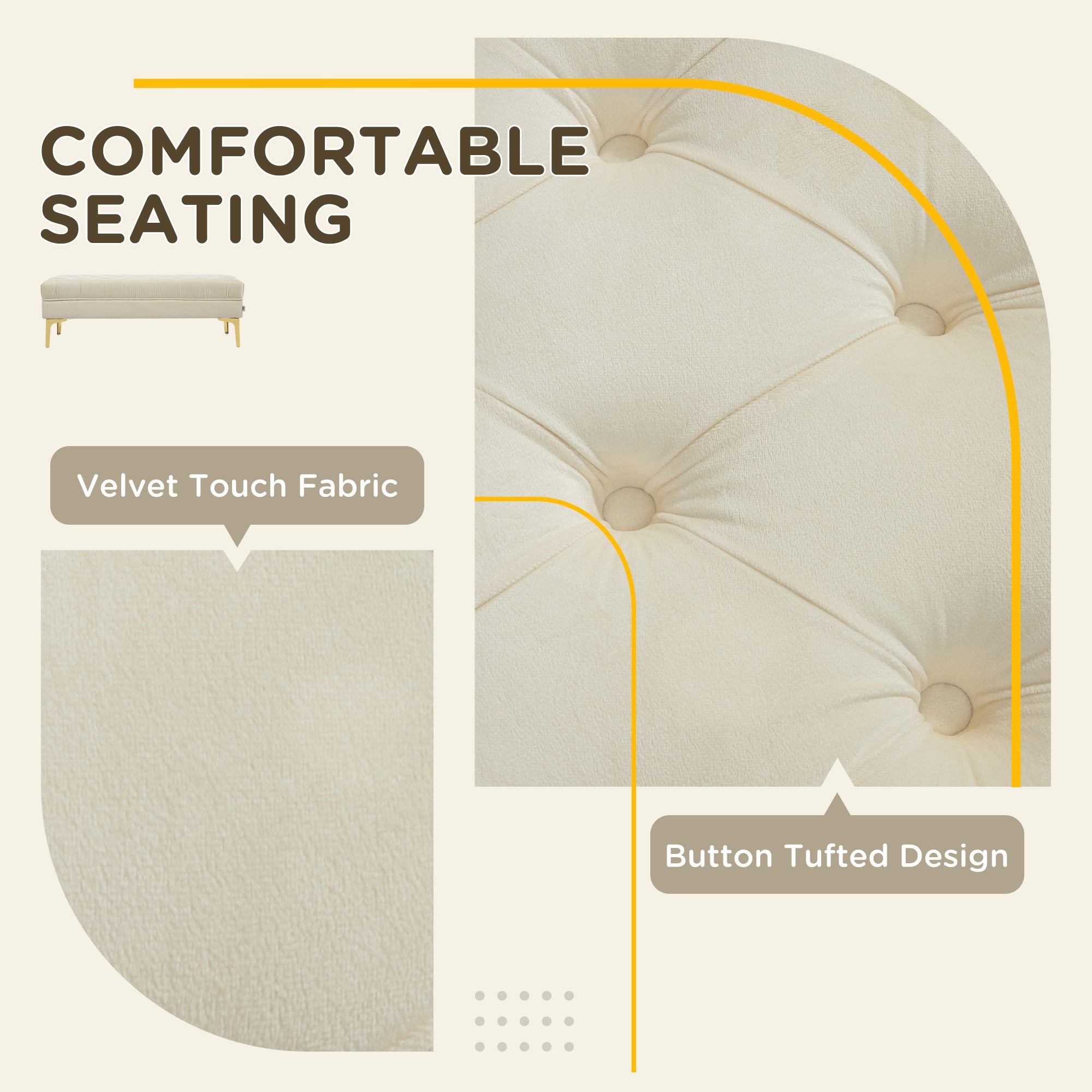 HOMCOM Velvet Upholstered Bench Seat, End of Bed Bench, Entryway Shoe Bench with Button Tufted for Living Room, Bedroom, Cream White