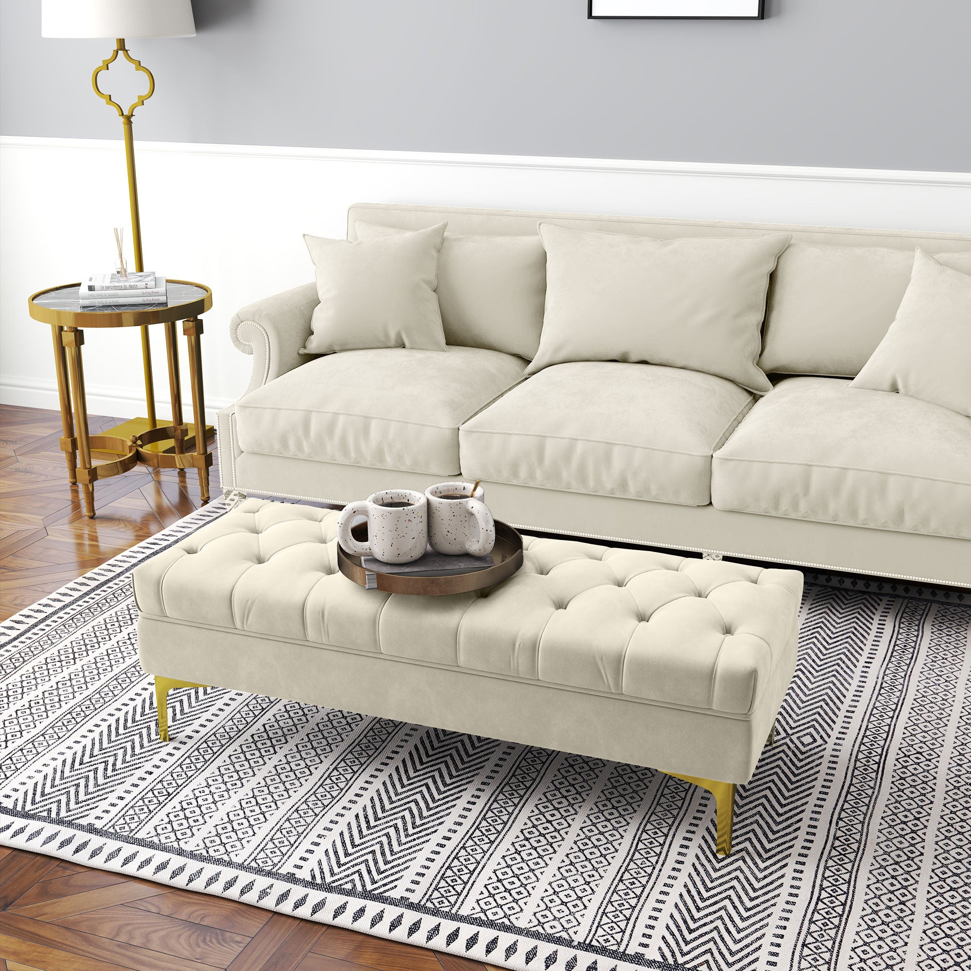 HOMCOM Velvet Upholstered Bench Seat, End of Bed Bench, Entryway Shoe Bench with Button Tufted for Living Room, Bedroom, Cream White