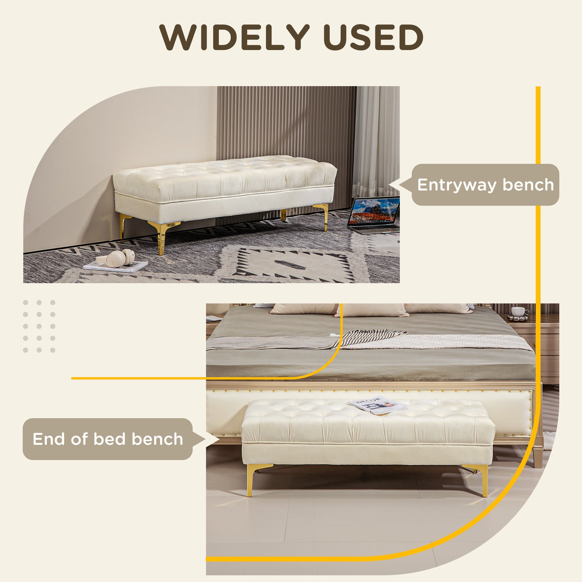 HOMCOM Velvet Upholstered Bench Seat, End of Bed Bench, Entryway Shoe Bench with Button Tufted for Living Room, Bedroom, Cream White