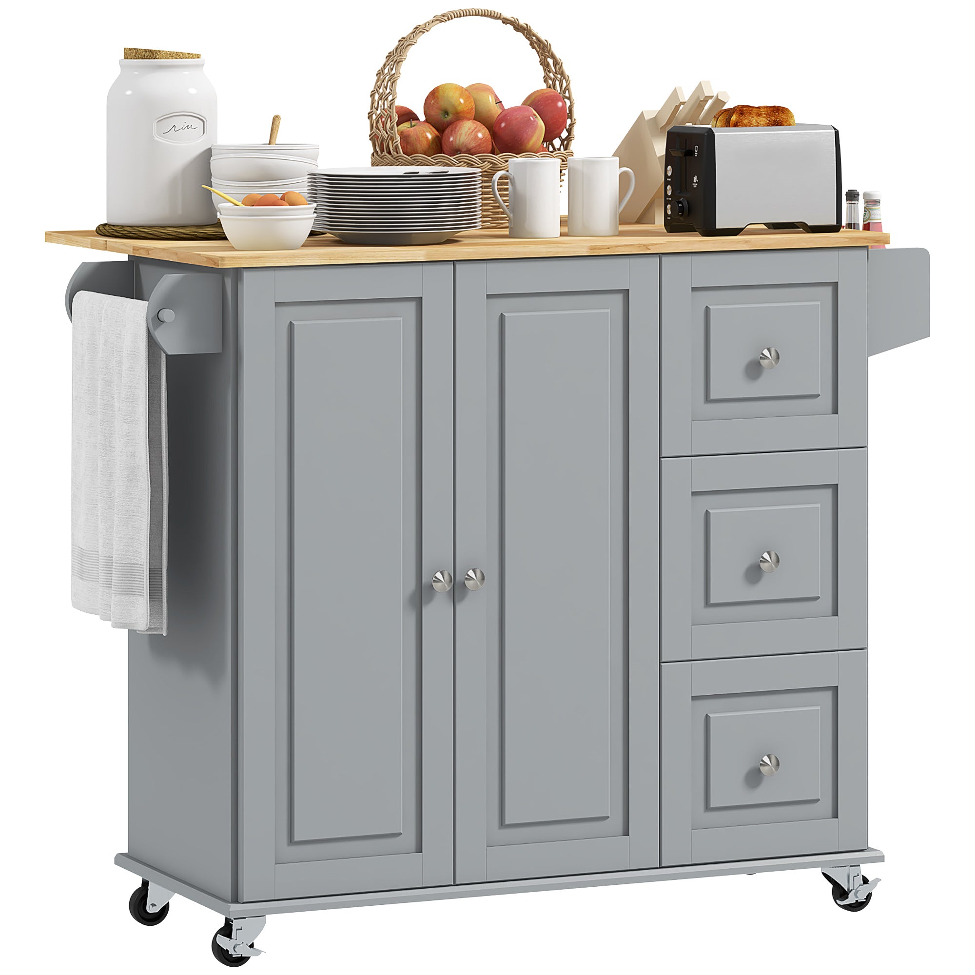 HOMCOM Kitchen Island with Drop Leaf, Rolling Kitchen Cart on Wheels with 3 Drawers, Cabinet, Natural Wood Top, Spice Rack and Towel Rack, Grey