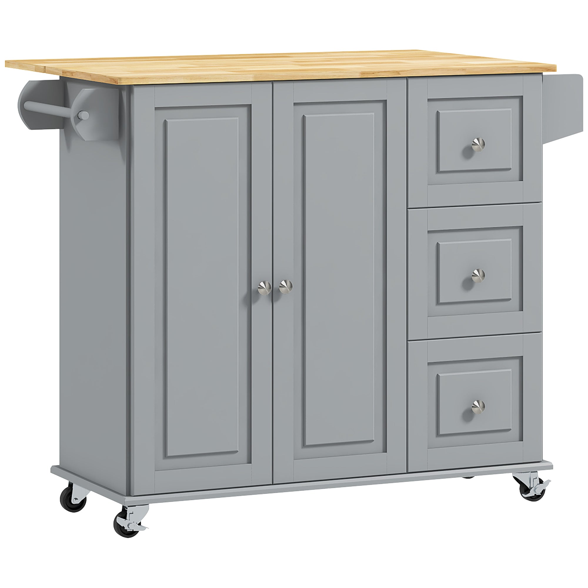 HOMCOM Kitchen Island with Drop Leaf, Rolling Kitchen Cart on Wheels with 3 Drawers, Cabinet, Natural Wood Top, Spice Rack and Towel Rack, Grey