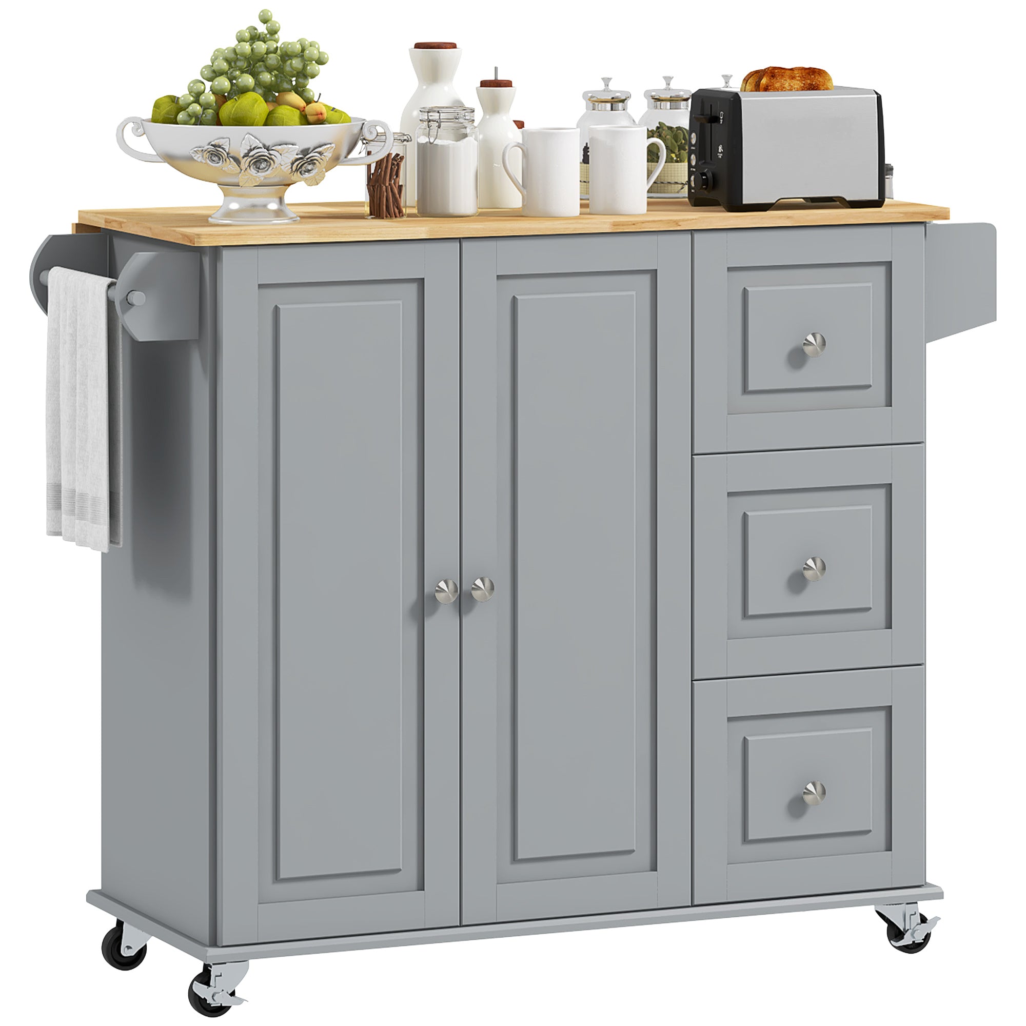 HOMCOM Kitchen Island with Drop Leaf, Rolling Kitchen Cart on Wheels with 3 Drawers, Cabinet, Natural Wood Top, Spice Rack and Towel Rack, Grey