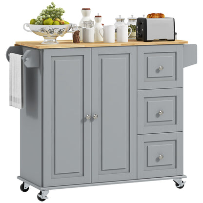 HOMCOM Kitchen Island with Drop Leaf, Rolling Kitchen Cart on Wheels with 3 Drawers, Cabinet, Natural Wood Top, Spice Rack and Towel Rack, Grey