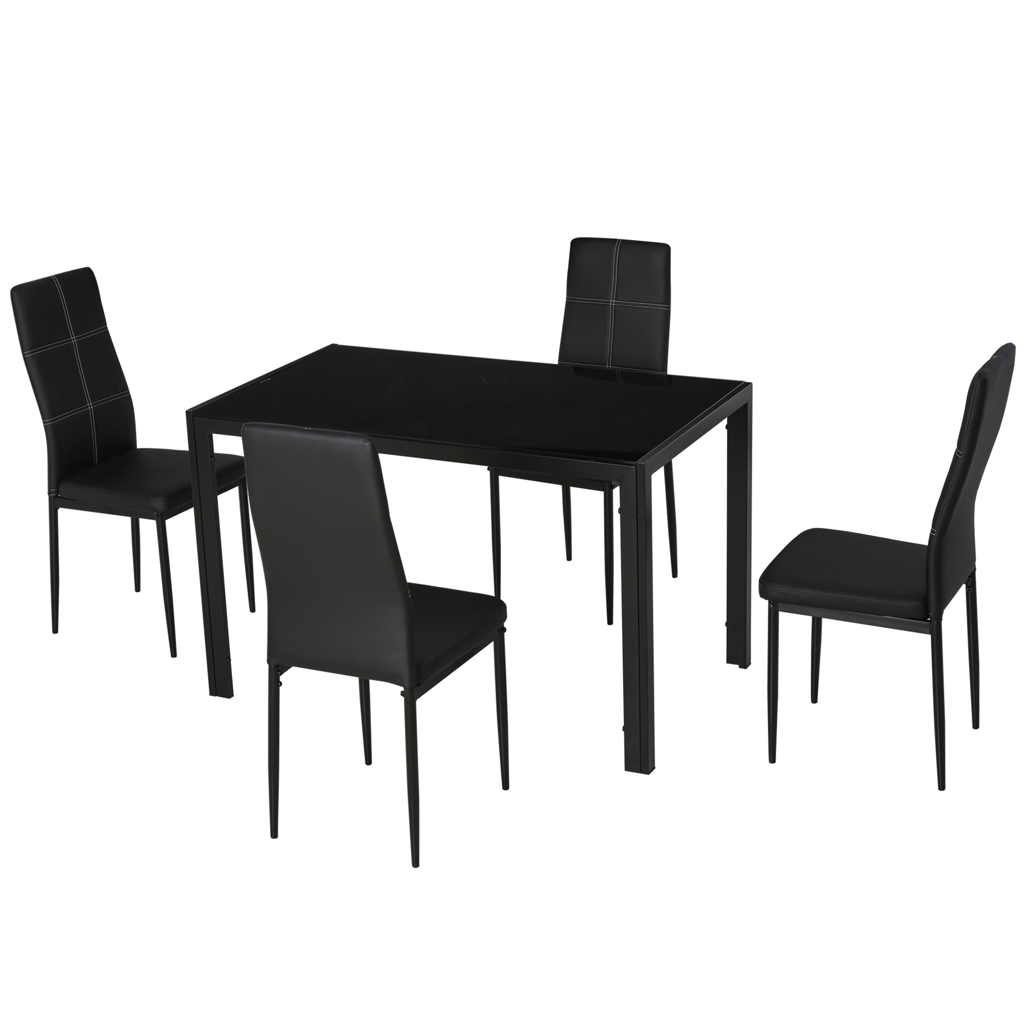 HOMCOM Dining Table Set for 4, 5-Piece Rectangular Glass Kitchen Table and Chairs with Metal Frame and Faux Leather Upholstery for Dining Room, Living Room, Black