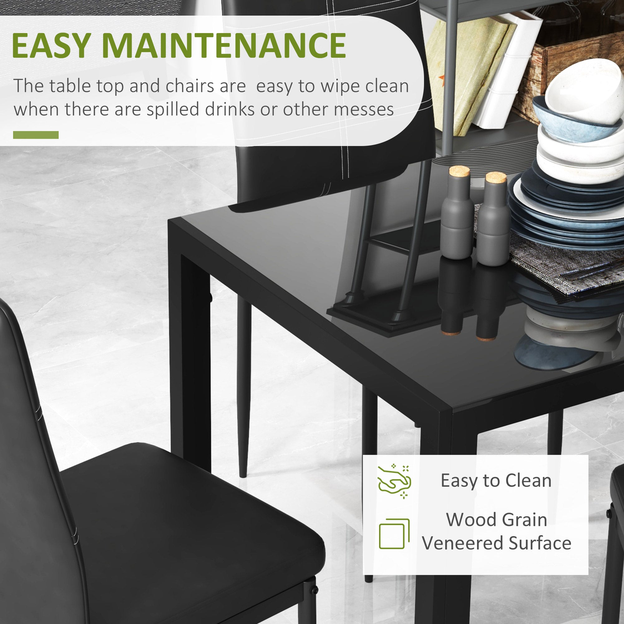 HOMCOM Dining Table Set for 4, 5-Piece Rectangular Glass Kitchen Table and Chairs with Metal Frame and Faux Leather Upholstery for Dining Room, Living Room, Black