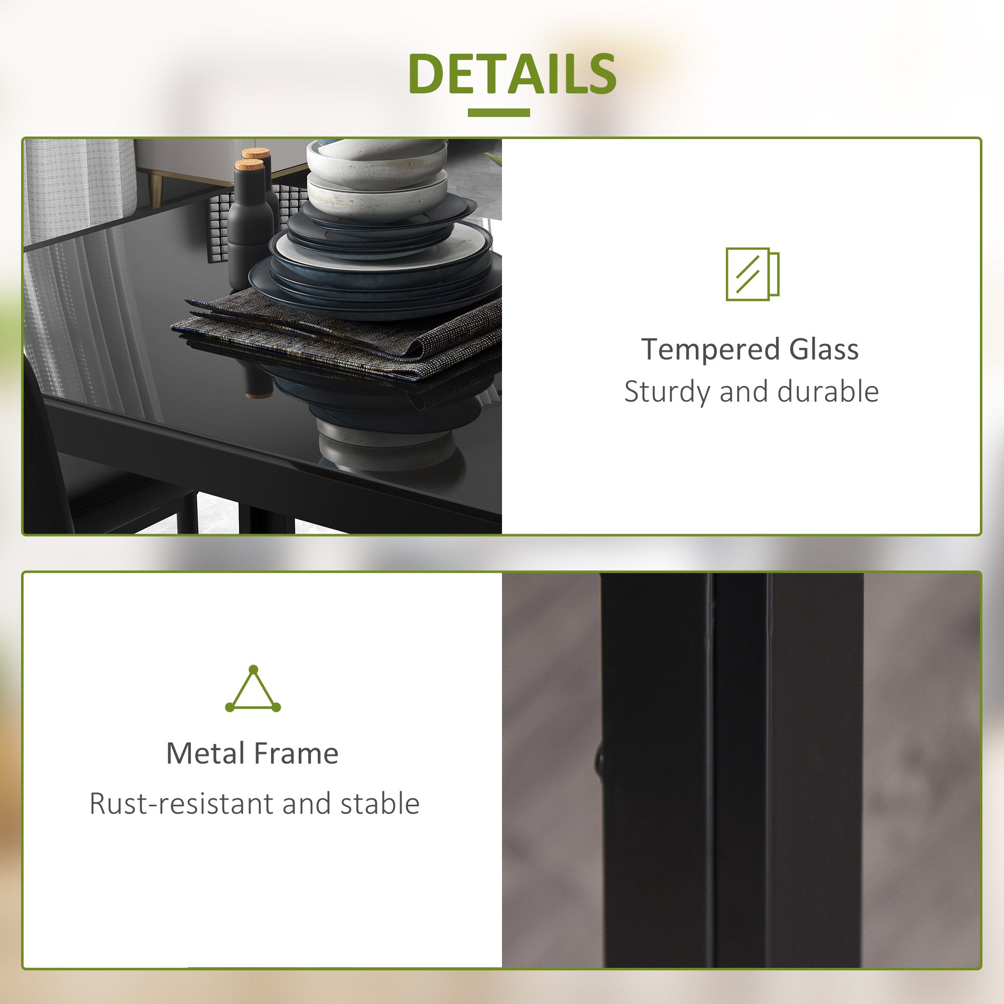 HOMCOM Dining Table Set for 4, 5-Piece Rectangular Glass Kitchen Table and Chairs with Metal Frame and Faux Leather Upholstery for Dining Room, Living Room, Black