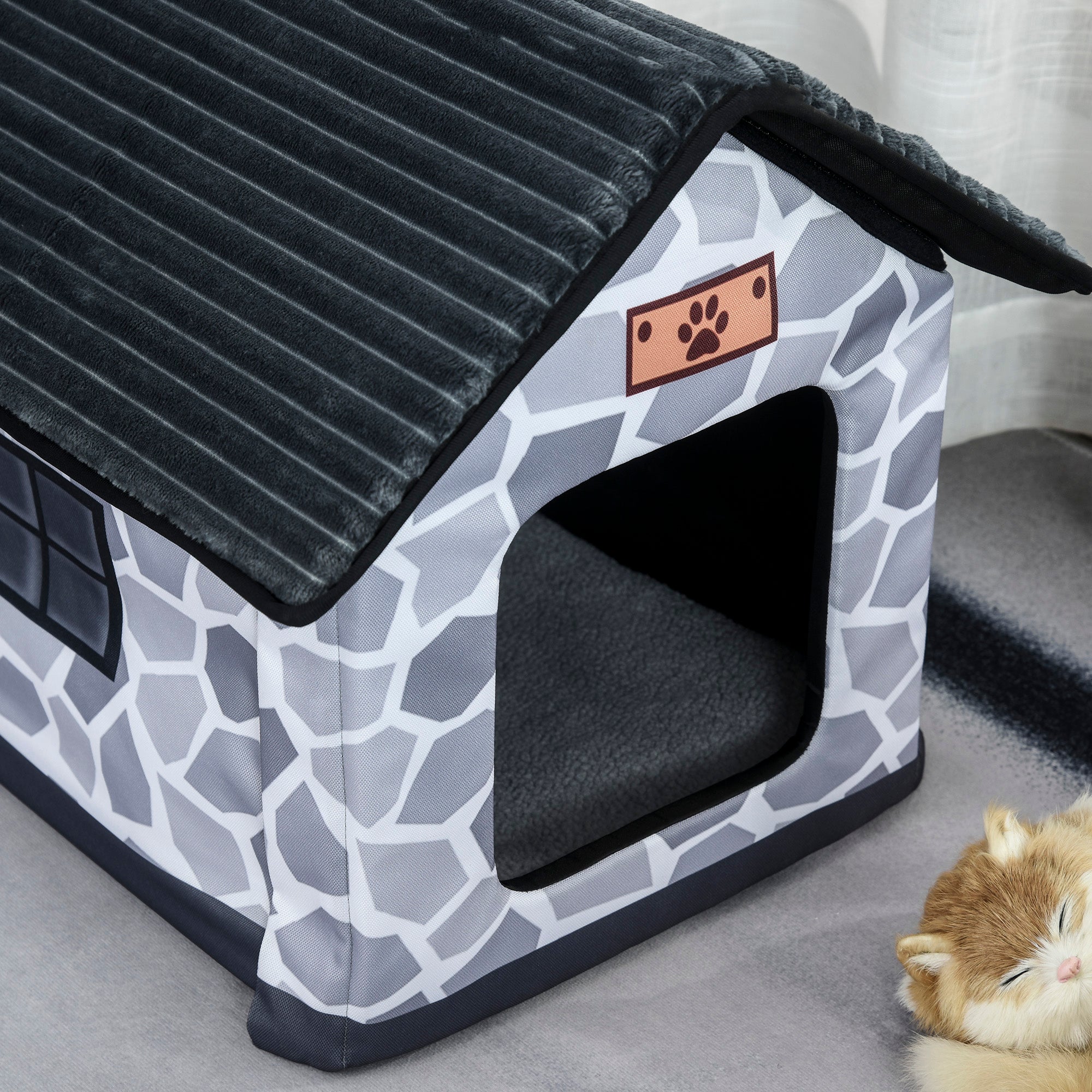 PawHut Heated Cat House Condo, Foldable Enclosed Pet House with Heating Pad for Cats or Small Dogs, Use for Indoor or Covered Outdoor Areas, Stone Cottage Design