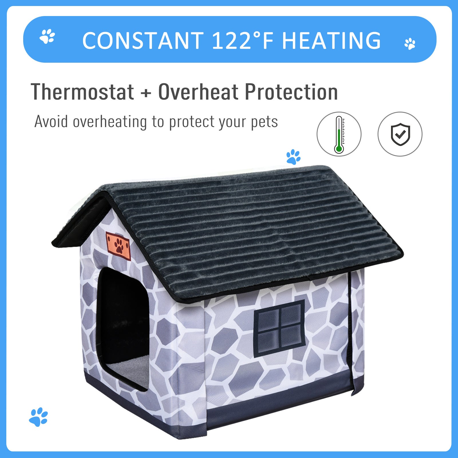 PawHut Heated Cat House Condo, Foldable Enclosed Pet House with Heating Pad for Cats or Small Dogs, Use for Indoor or Covered Outdoor Areas, Stone Cottage Design