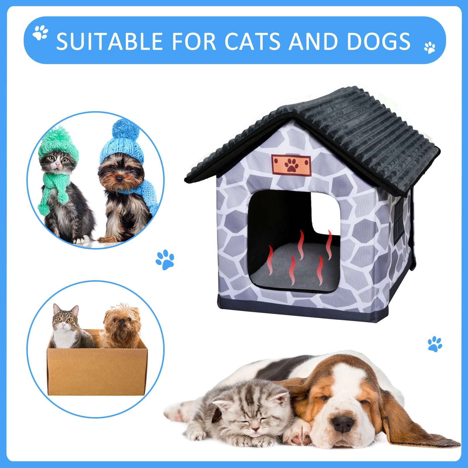 PawHut Heated Cat House Condo, Foldable Enclosed Pet House with Heating Pad for Cats or Small Dogs, Use for Indoor or Covered Outdoor Areas, Stone Cottage Design