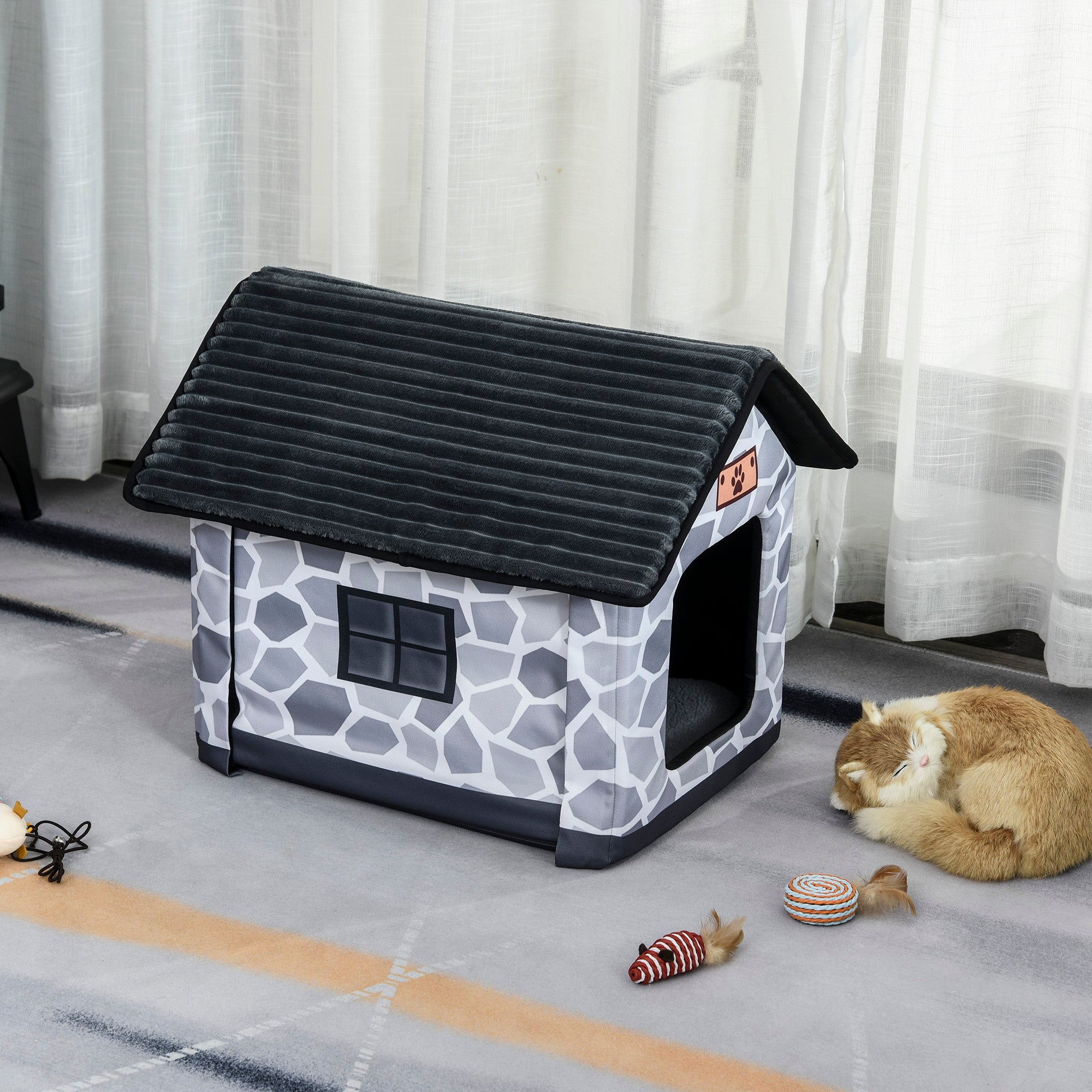 PawHut Heated Cat House Condo, Foldable Enclosed Pet House with Heating Pad for Cats or Small Dogs, Use for Indoor or Covered Outdoor Areas, Stone Cottage Design