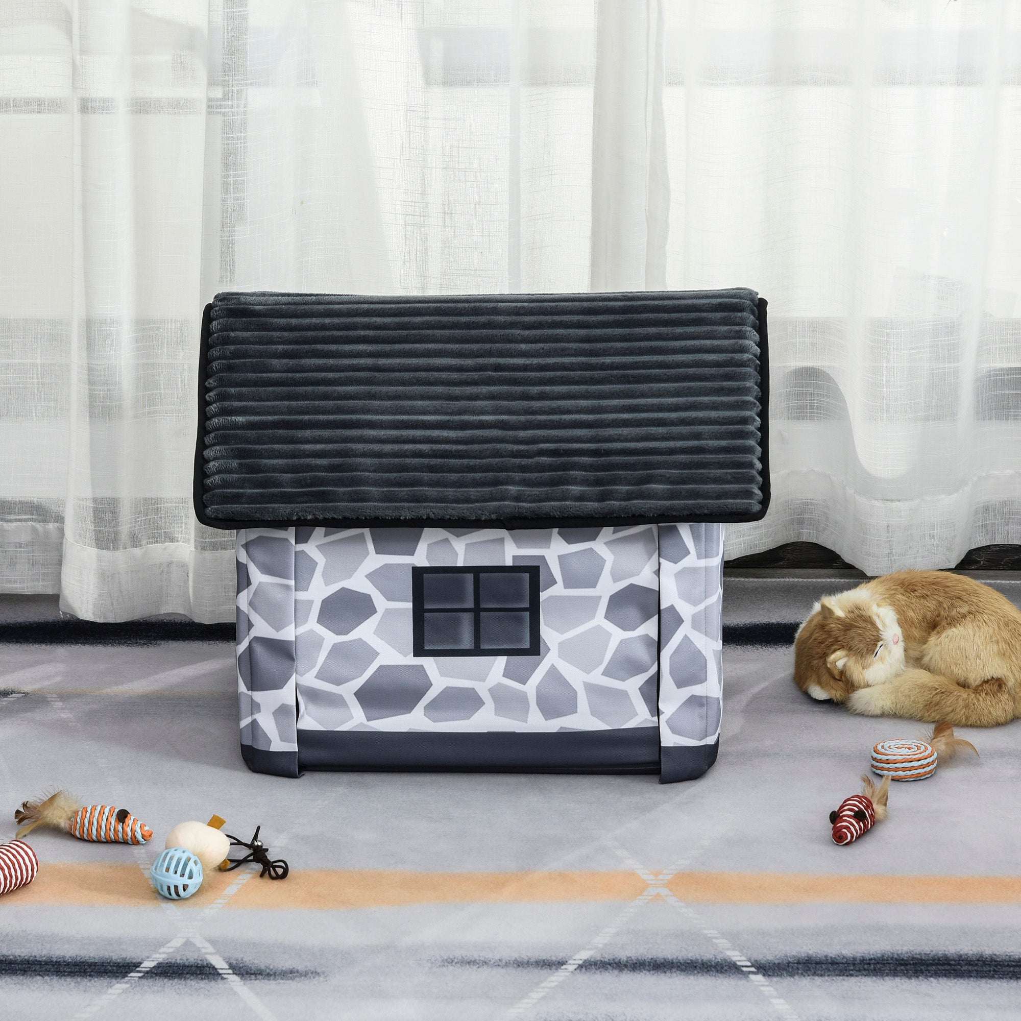 PawHut Heated Cat House Condo, Foldable Enclosed Pet House with Heating Pad for Cats or Small Dogs, Use for Indoor or Covered Outdoor Areas, Stone Cottage Design