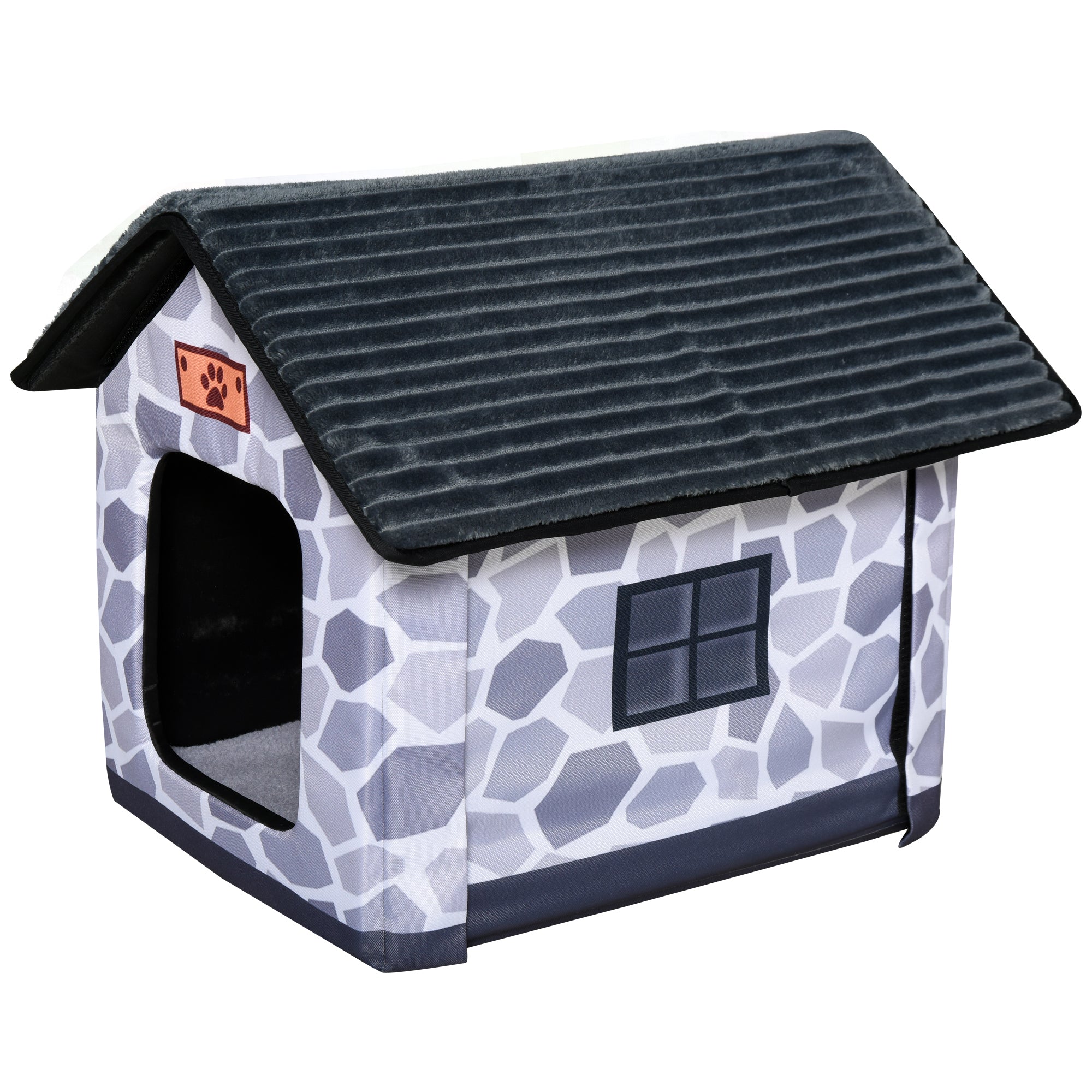 PawHut Heated Cat House Condo, Foldable Enclosed Pet House with Heating Pad for Cats or Small Dogs, Use for Indoor or Covered Outdoor Areas, Stone Cottage Design