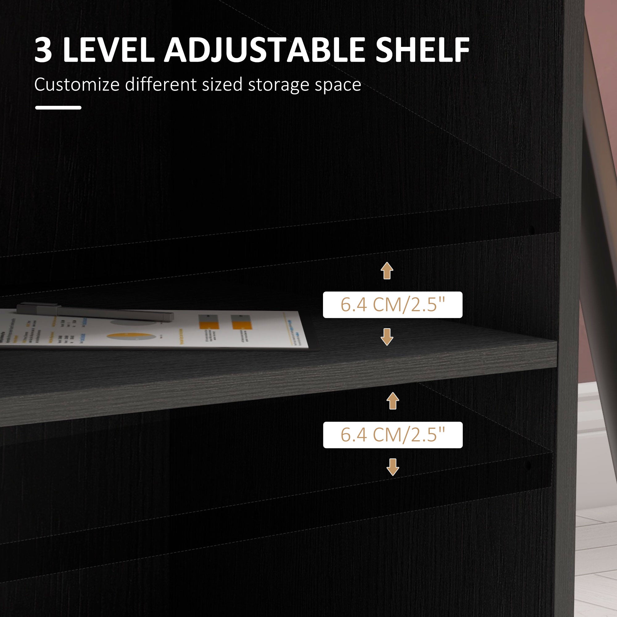 HOMCOM Modern Lateral Filing Cabinet, 3 Drawer File Cabinet for Letter and A4 Size Documents, Mobile, Printer Stand with Open Shelves, Rolling Wheels, Black